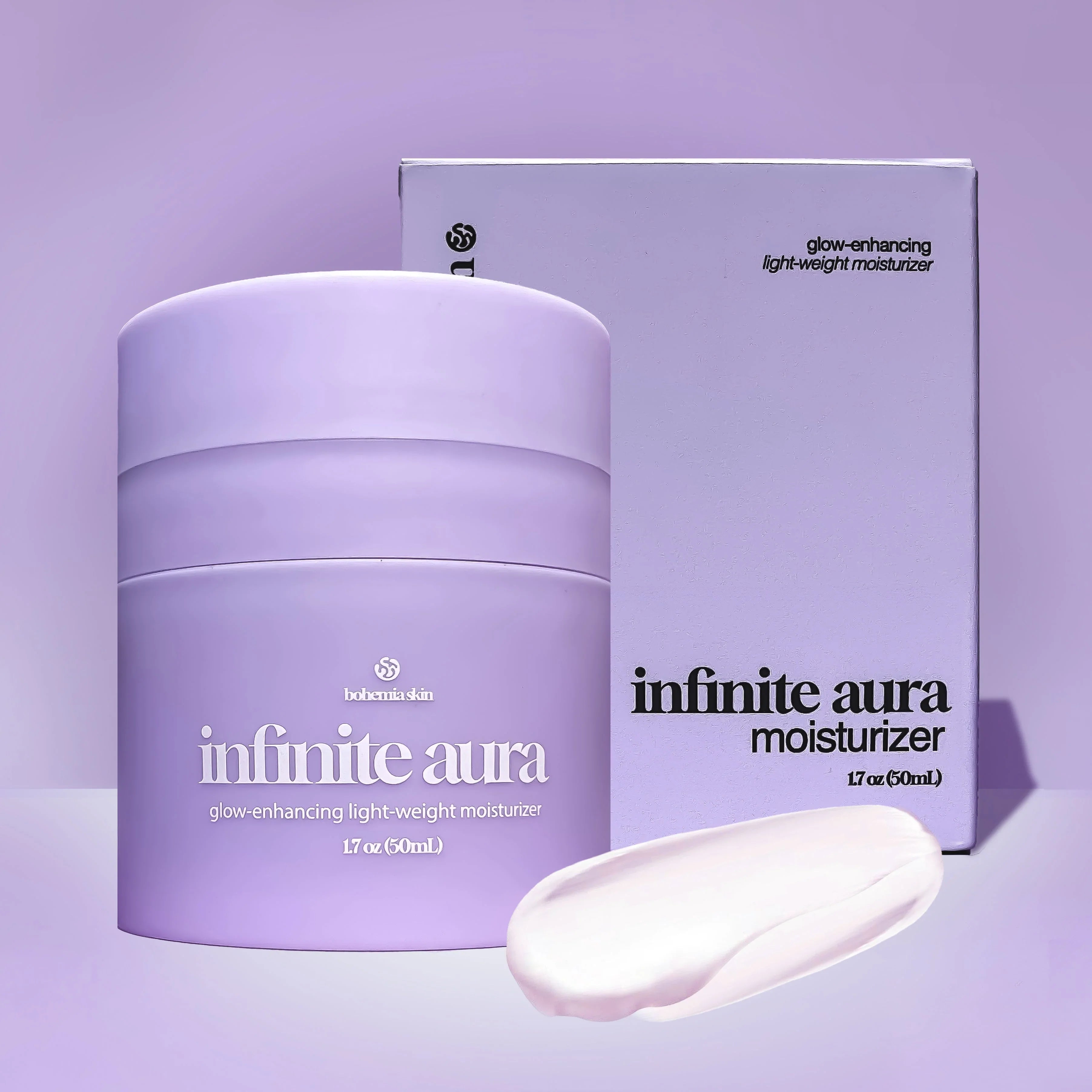 Bohemia Skin Infinite Aura purple moisturizer jar and box with cream smear on lavender background