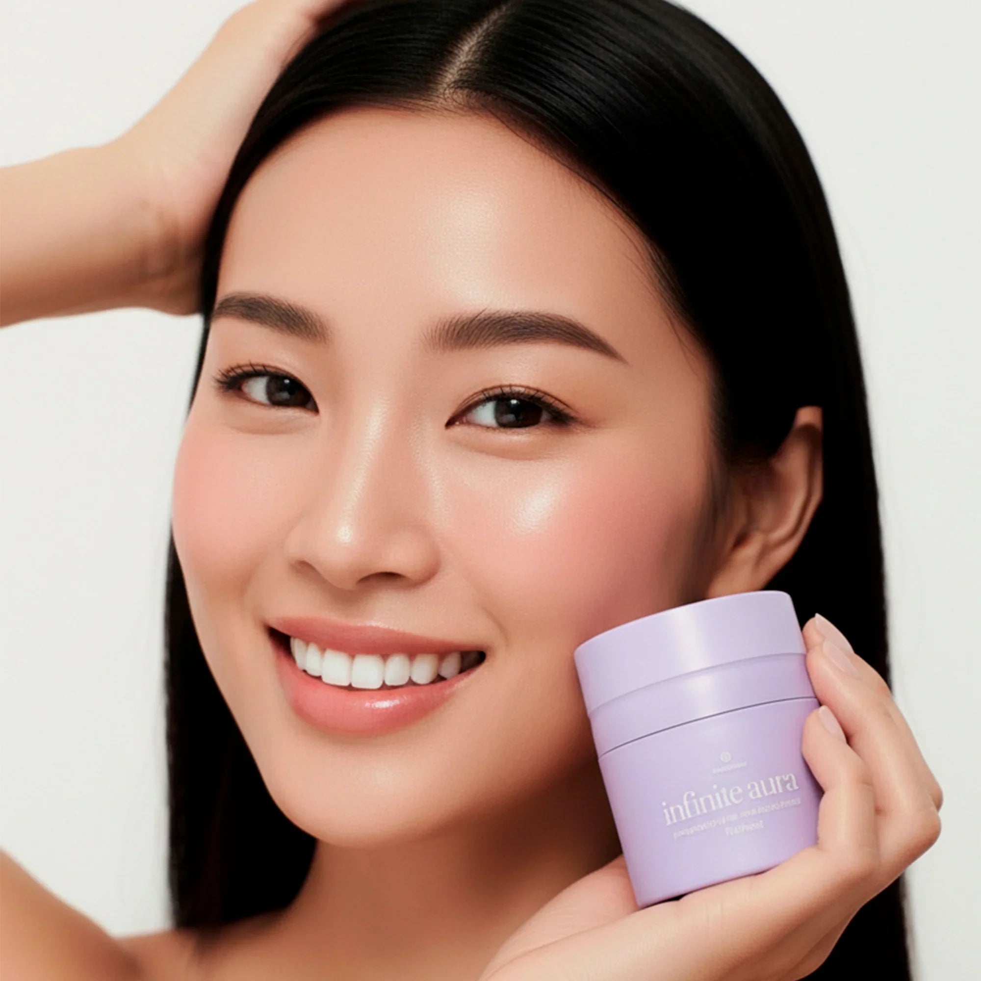 Smiling woman with radiant skin holding Bohemia Skin Infinite Aura cream in a lavender jar