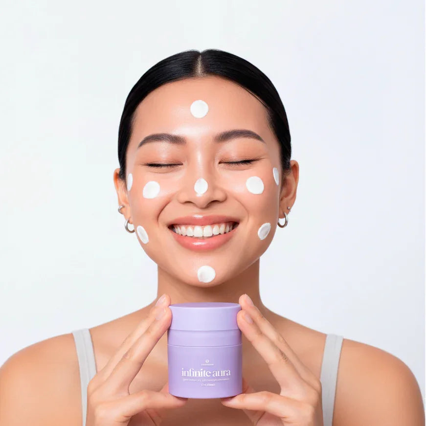 Smiling woman with skincare dots holding Bohemia Skin infinite aura cream, clean beauty focus.