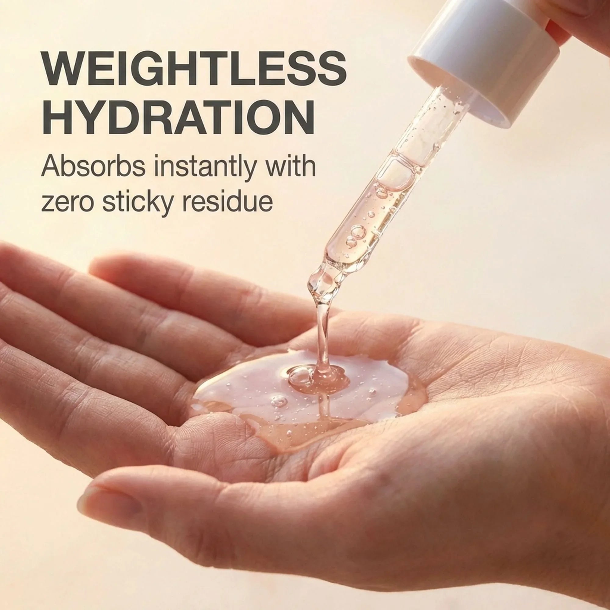 Bohemia Skin serum dropper dispensing hydrating skincare onto hand, weightless hydration.