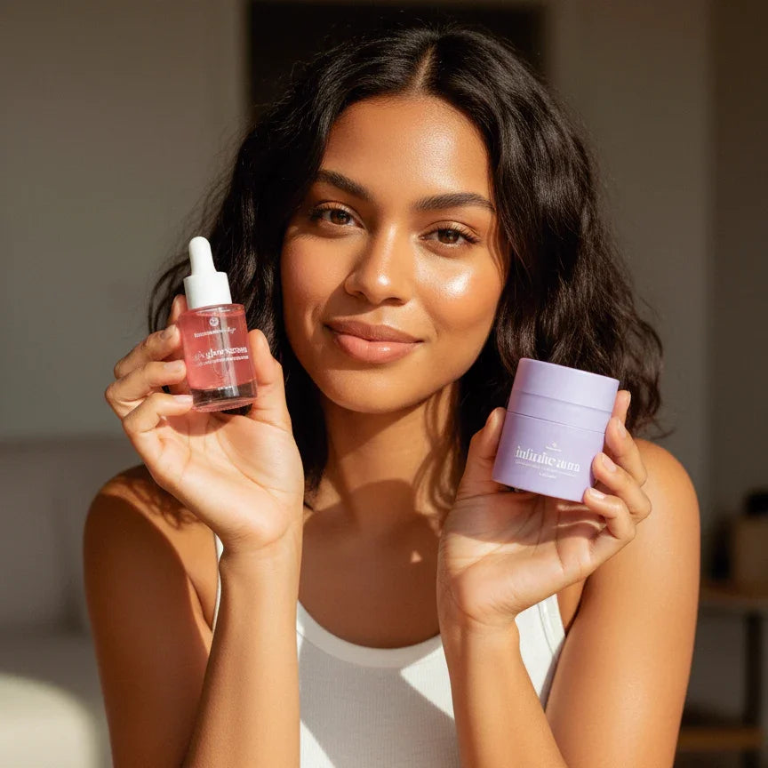 Woman with glowing skin holding Bohemia Skin serum and cream, promoting holistic skincare.