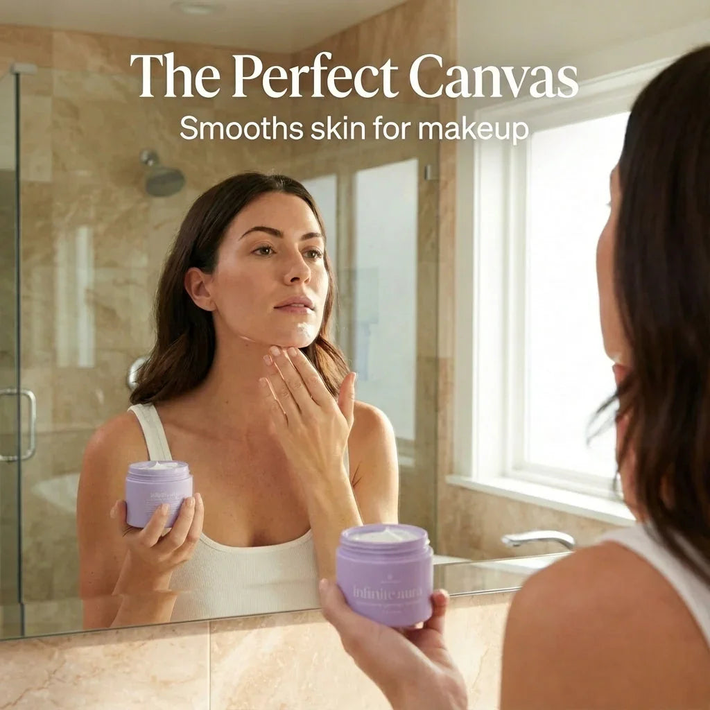 Woman applying Bohemia Skin Infinite Aura cream in a bathroom, promoting smooth skin for makeup