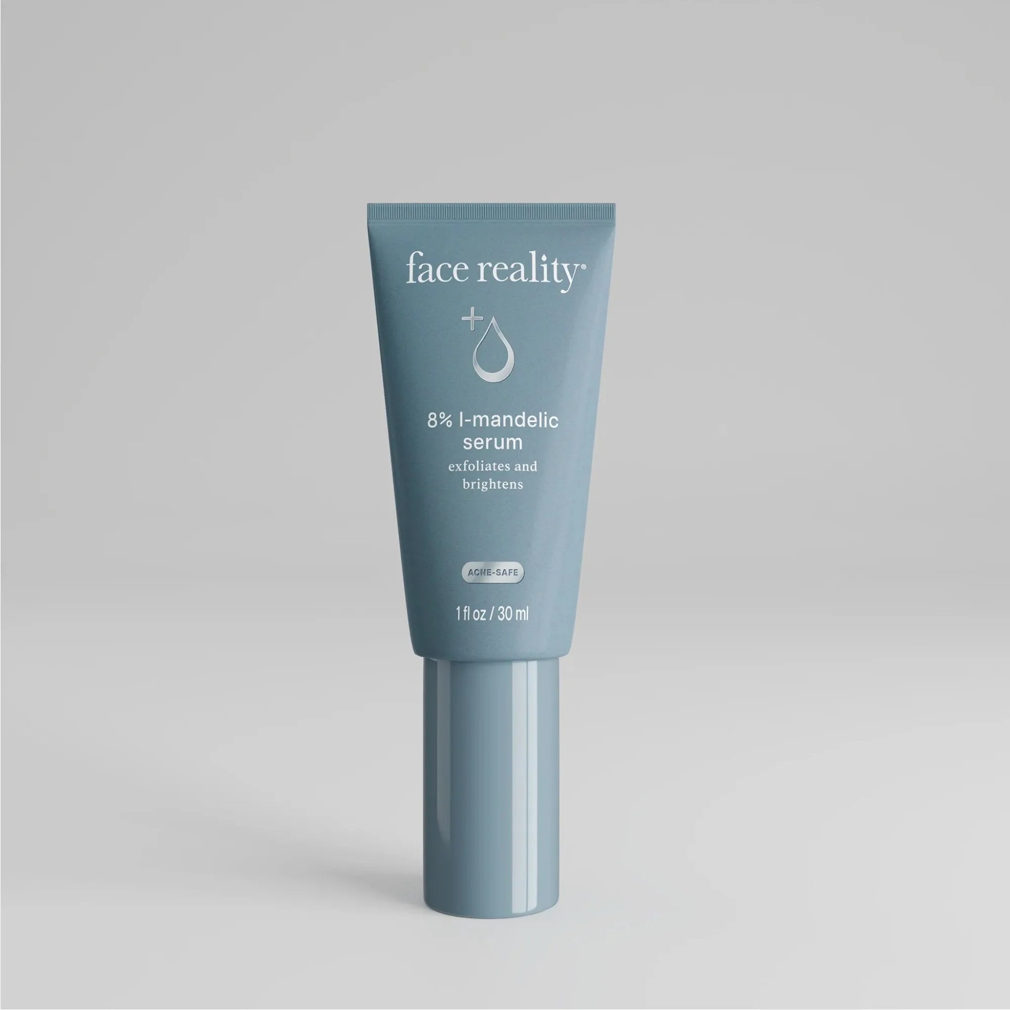 Face Reality 8% l-mandelic serum tube on white background, exfoliates and brightens skin