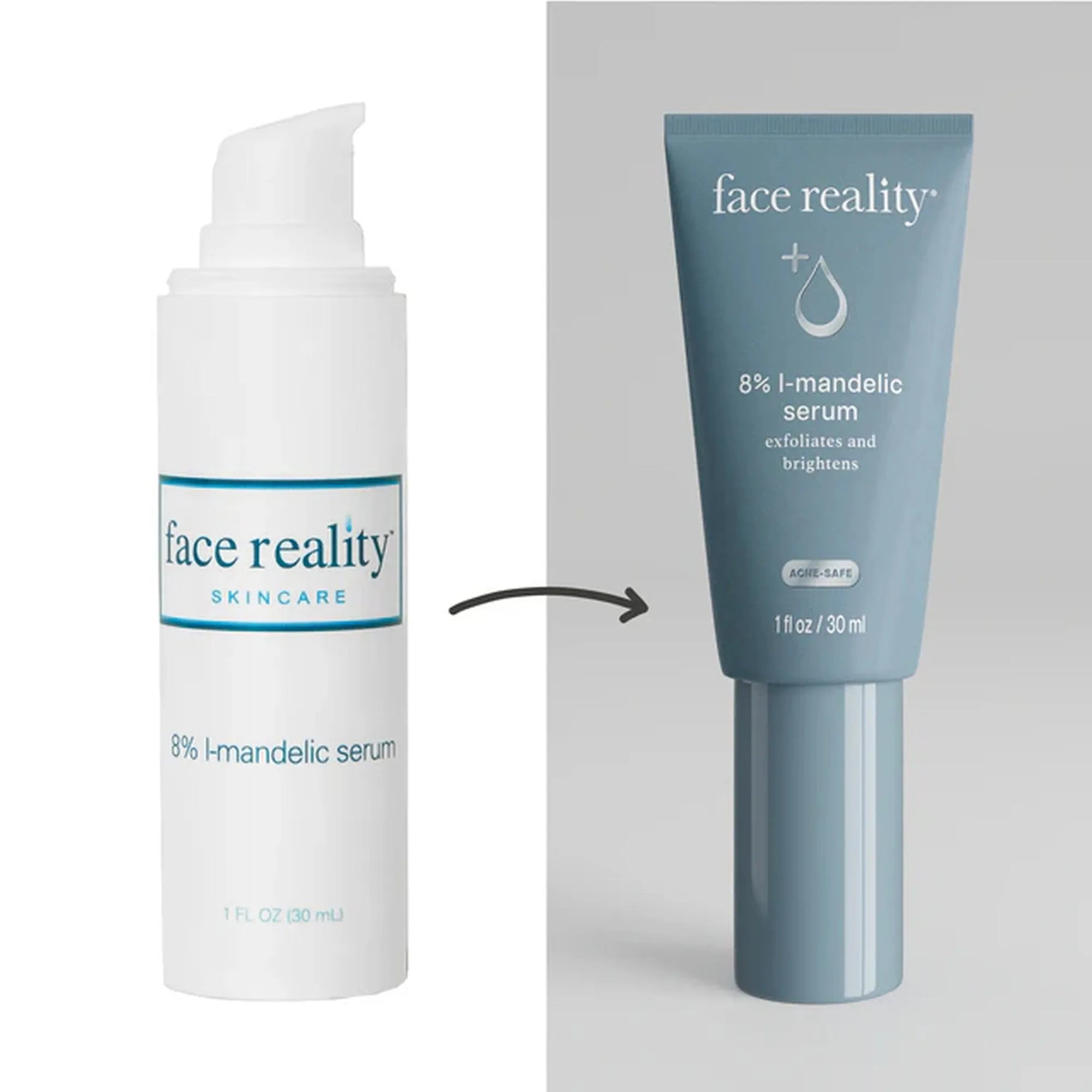 Face Reality 8% l-mandelic serum packaging update, white bottle and blue tube, skincare product