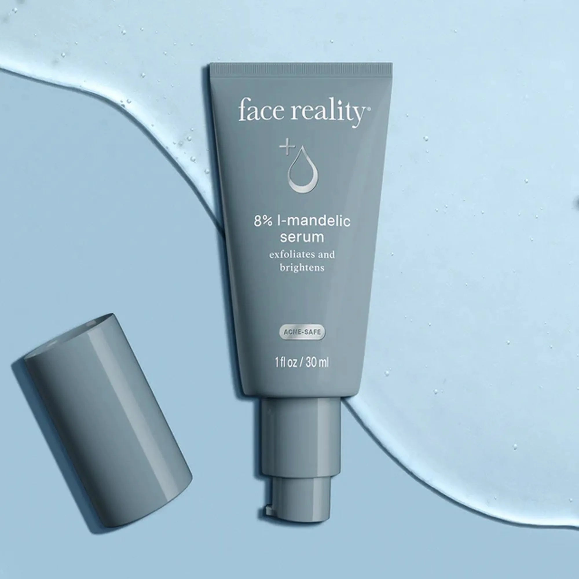 Face Reality 8% mandelic serum on blue background, skincare product for exfoliation and brightening