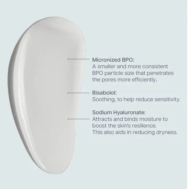 Bohemia Skin cream texture with highlighted ingredients: Micronized BPO, Bisabolol, Sodium Hyaluronate.