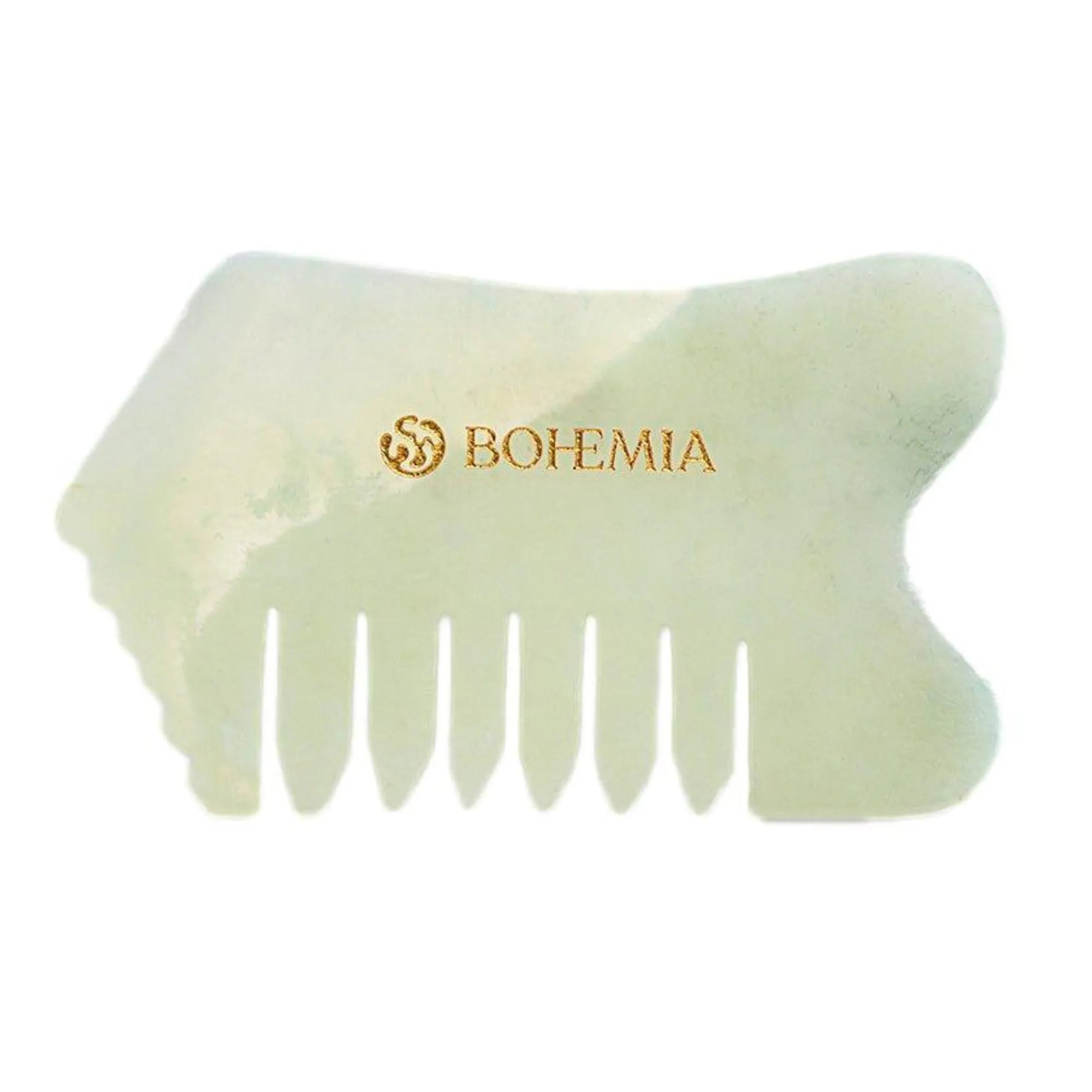 Bohemia Skin jade Gua Sha massage tool with gold logo on white background