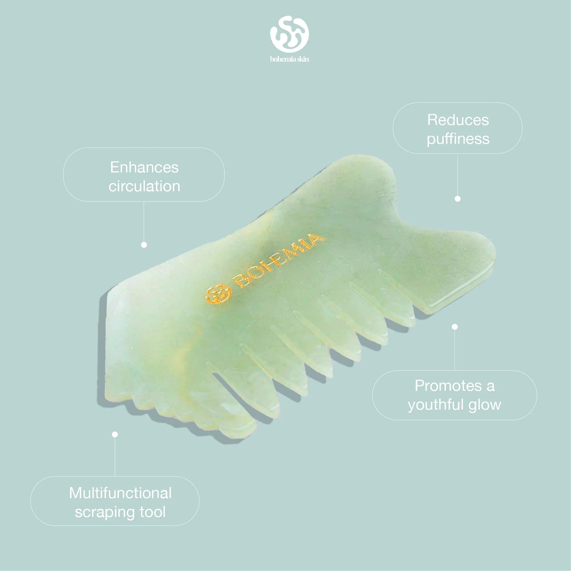 Bohemia Skin jade gua sha tool with logo, highlights benefits for skincare and circulation
