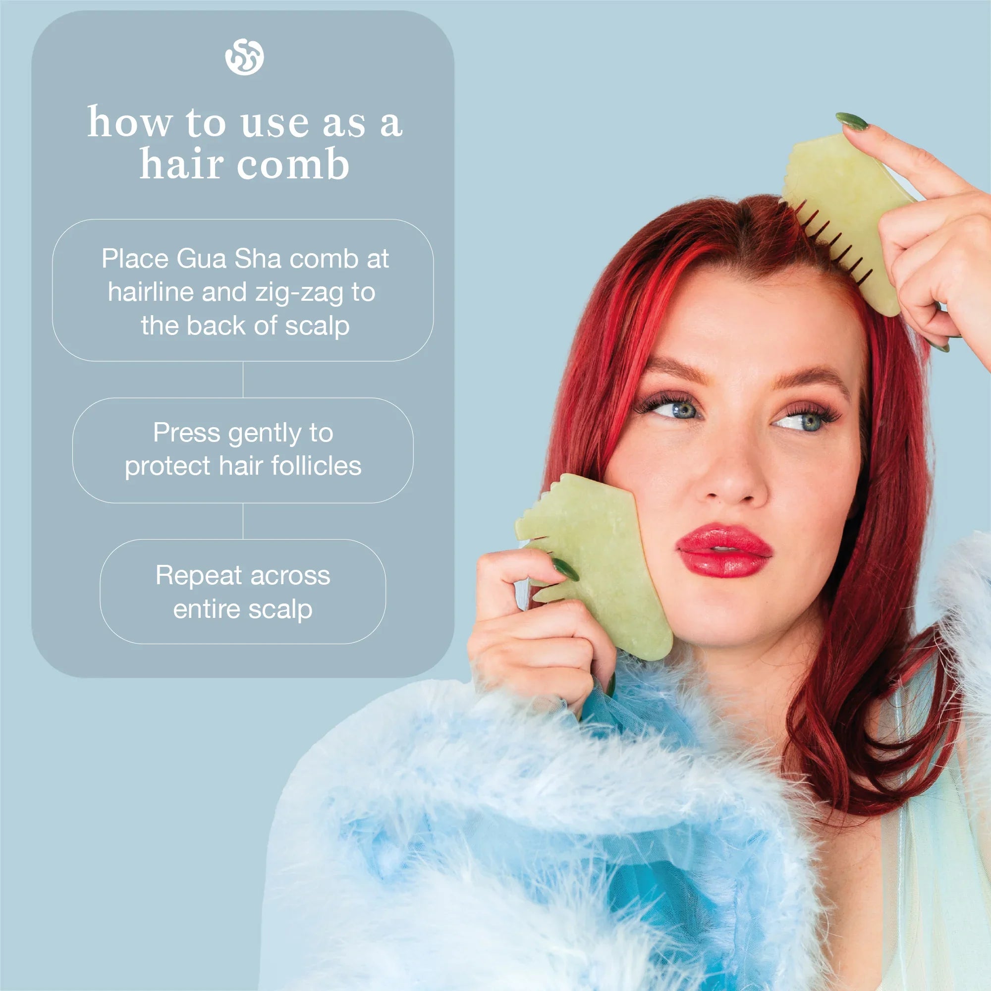 Woman using jade Gua Sha comb on scalp, Bohemia Skin holistic hair care instructions shown