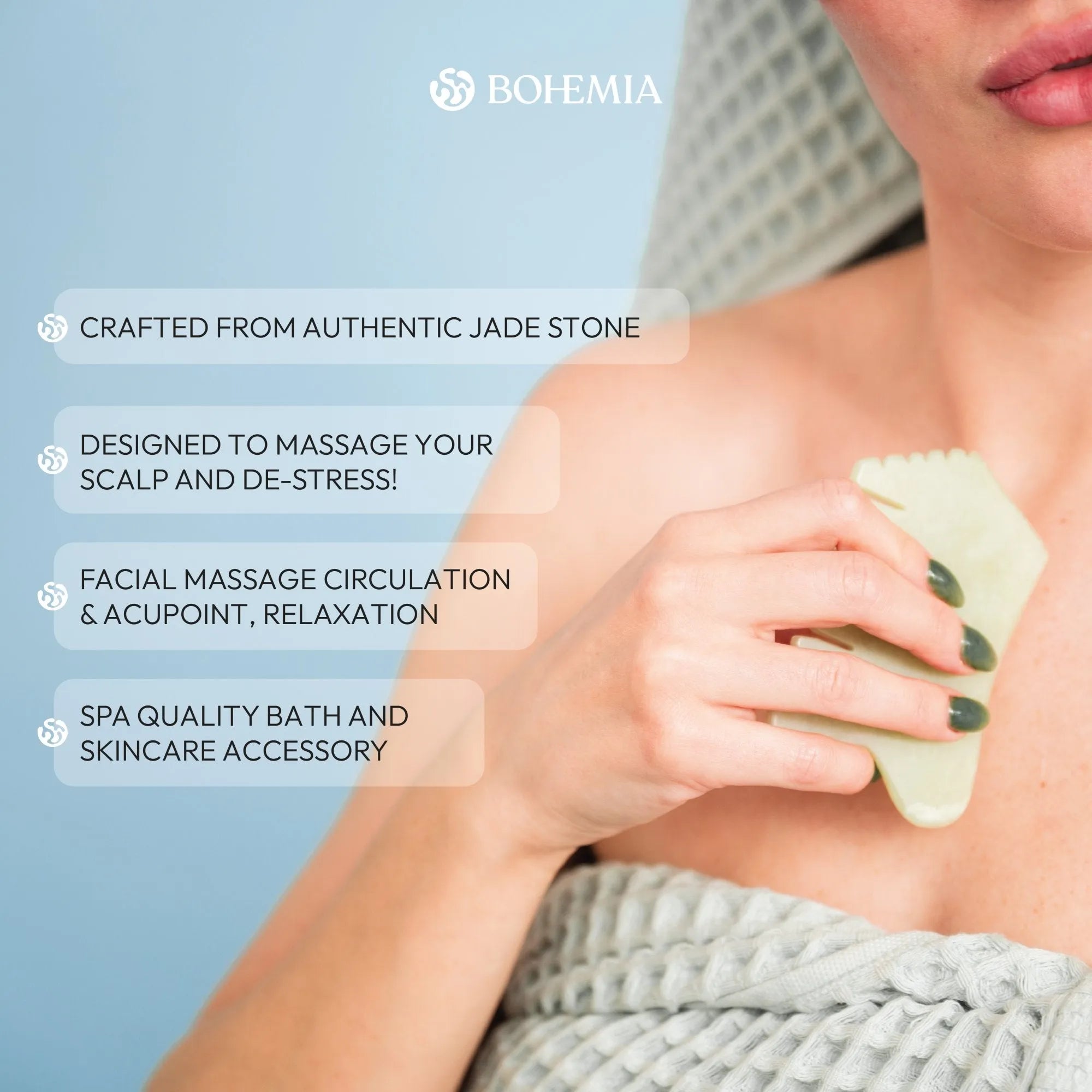 Woman using jade gua sha tool on neck, promoting Bohemia Skin holistic skincare.