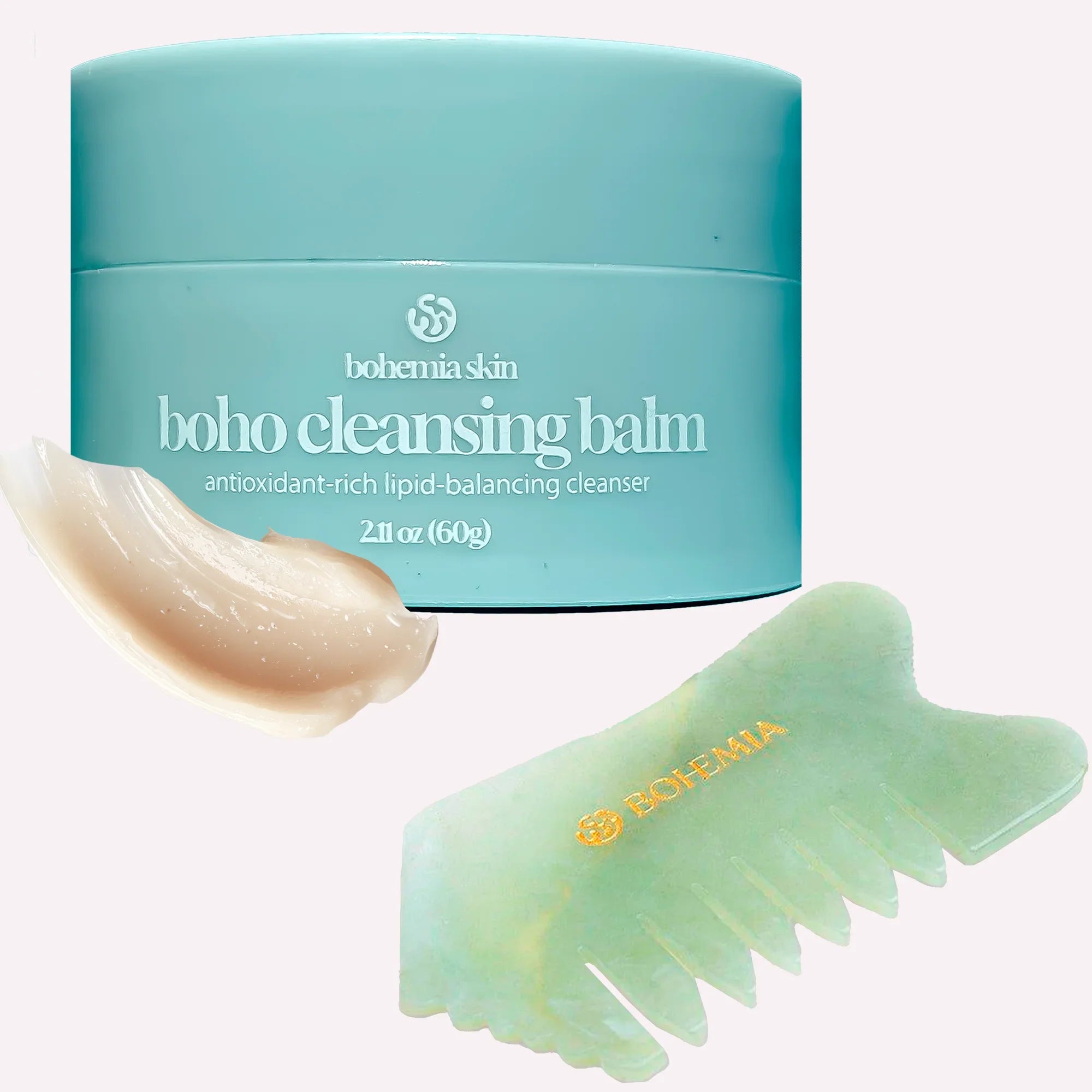 Bohemia Skin boho cleansing balm with jade comb and balm texture, clean skincare product