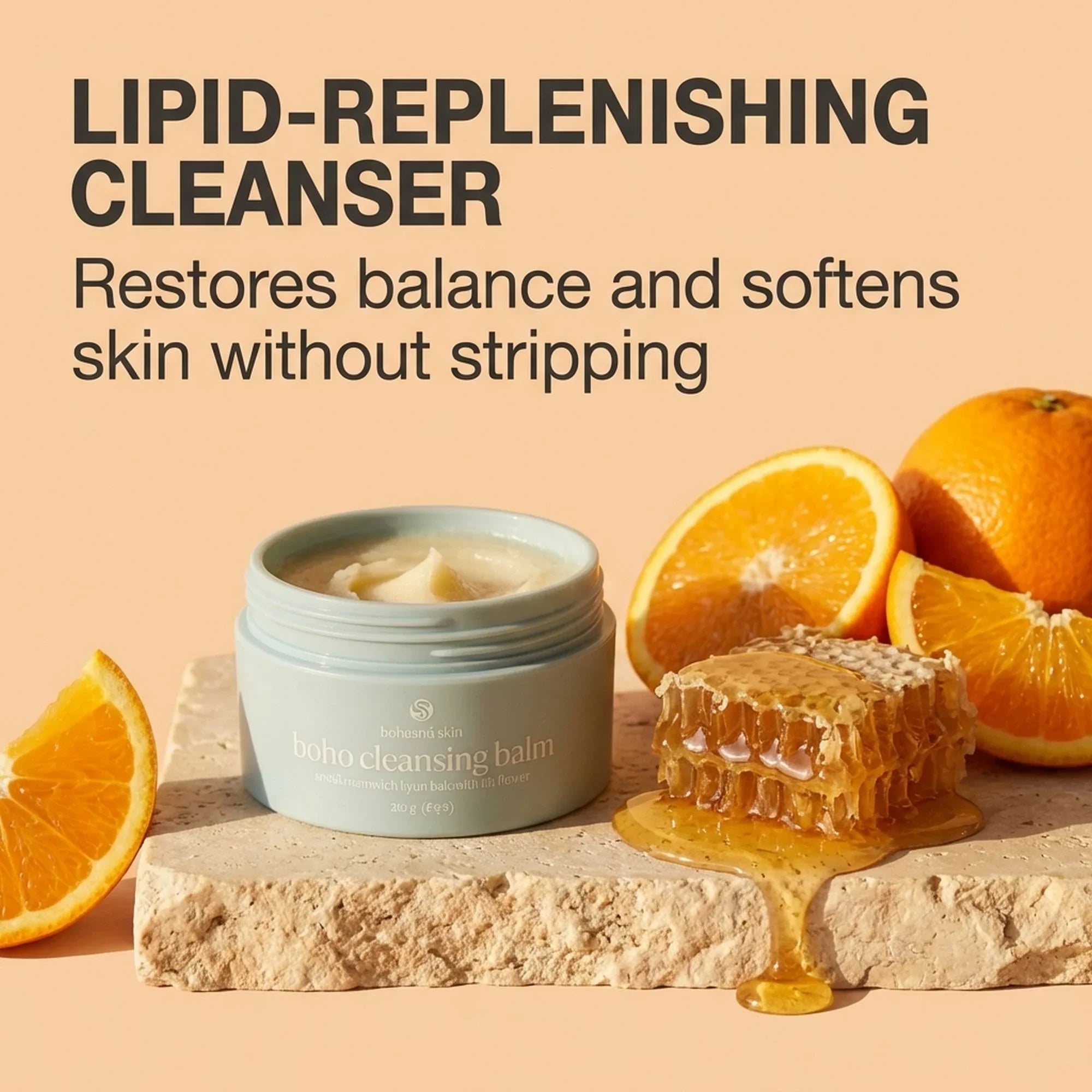 Bohemia Skin boho cleansing balm jar with honeycomb and orange slices, skincare product display