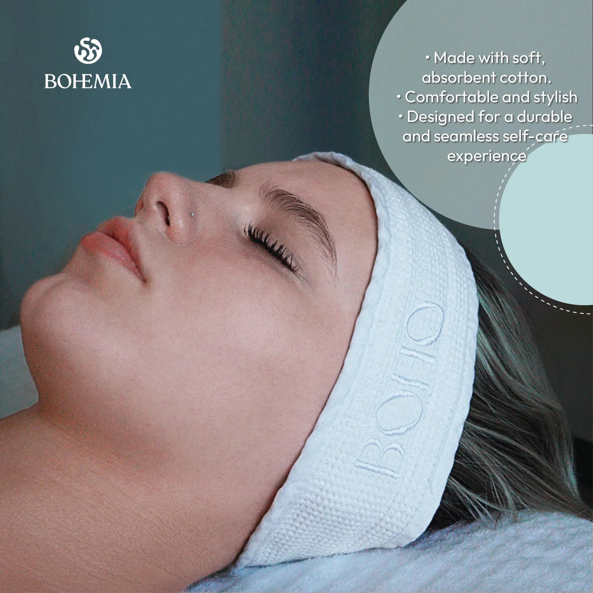 Woman relaxing with a Bohemia Skin cotton headwrap during a skincare treatment