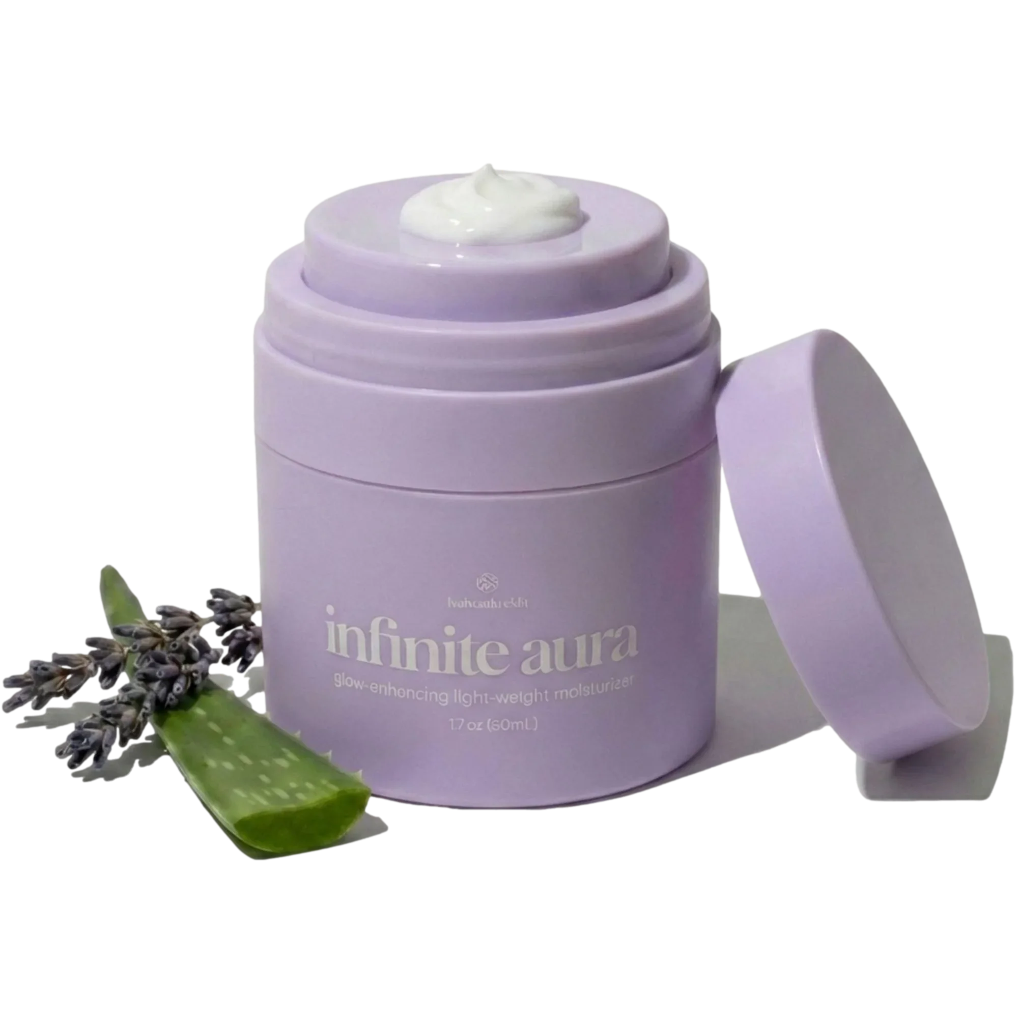 Bohemia Skin Infinite Aura lightweight moisturizer jar with aloe and lavender, open lid