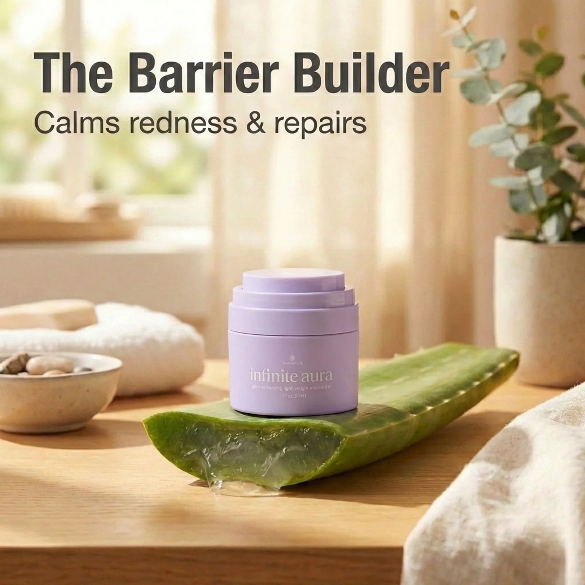 Bohemia Skin Infinite Aura moisturizer on aloe leaf, soothing barrier cream for redness repair