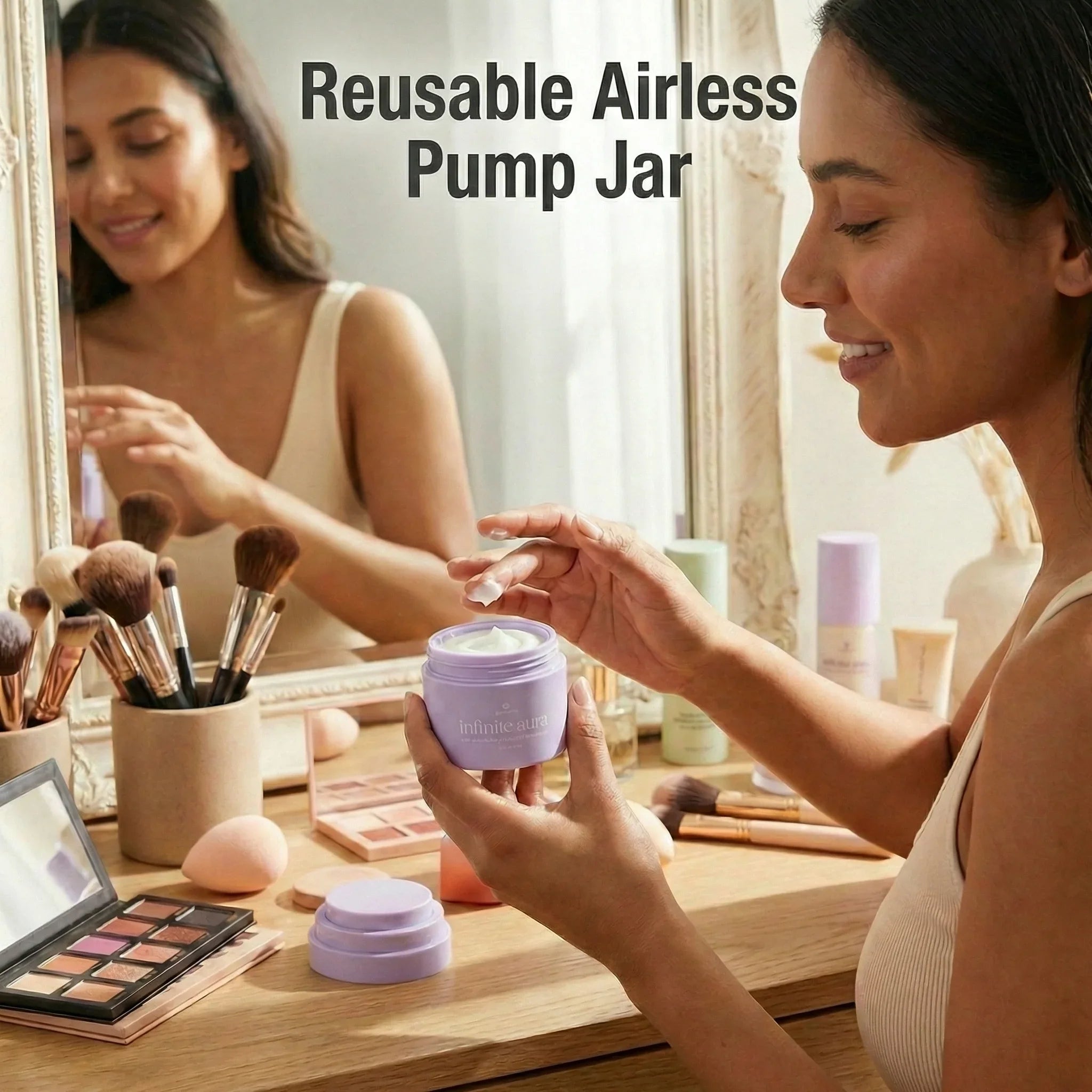 Woman using Bohemia Skin reusable airless pump jar at vanity with skincare and makeup