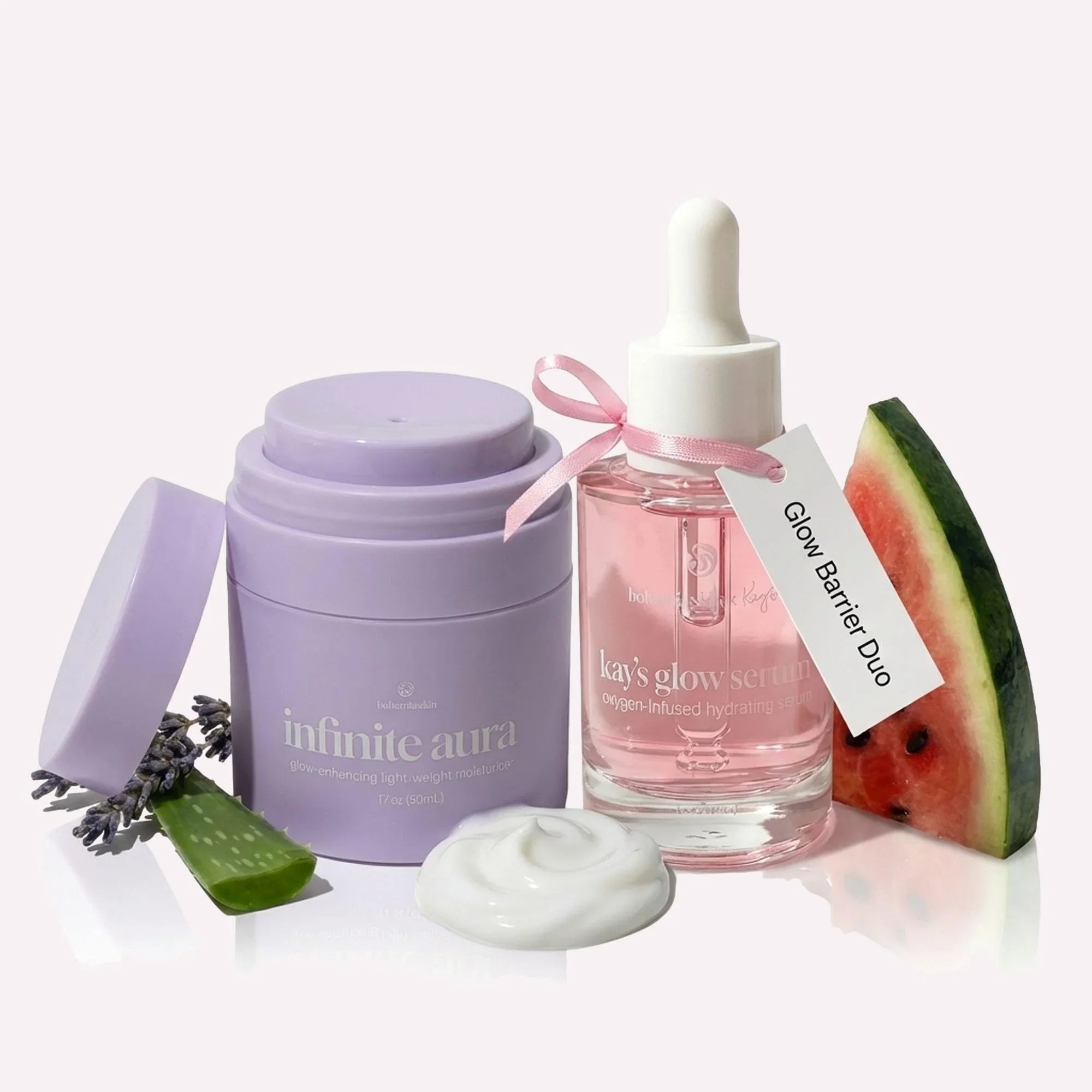 Bohemia Skin Glow Barrier Duo featuring infinite aura moisturizer and kay's glow serum with aloe, lavender, and watermelon.
