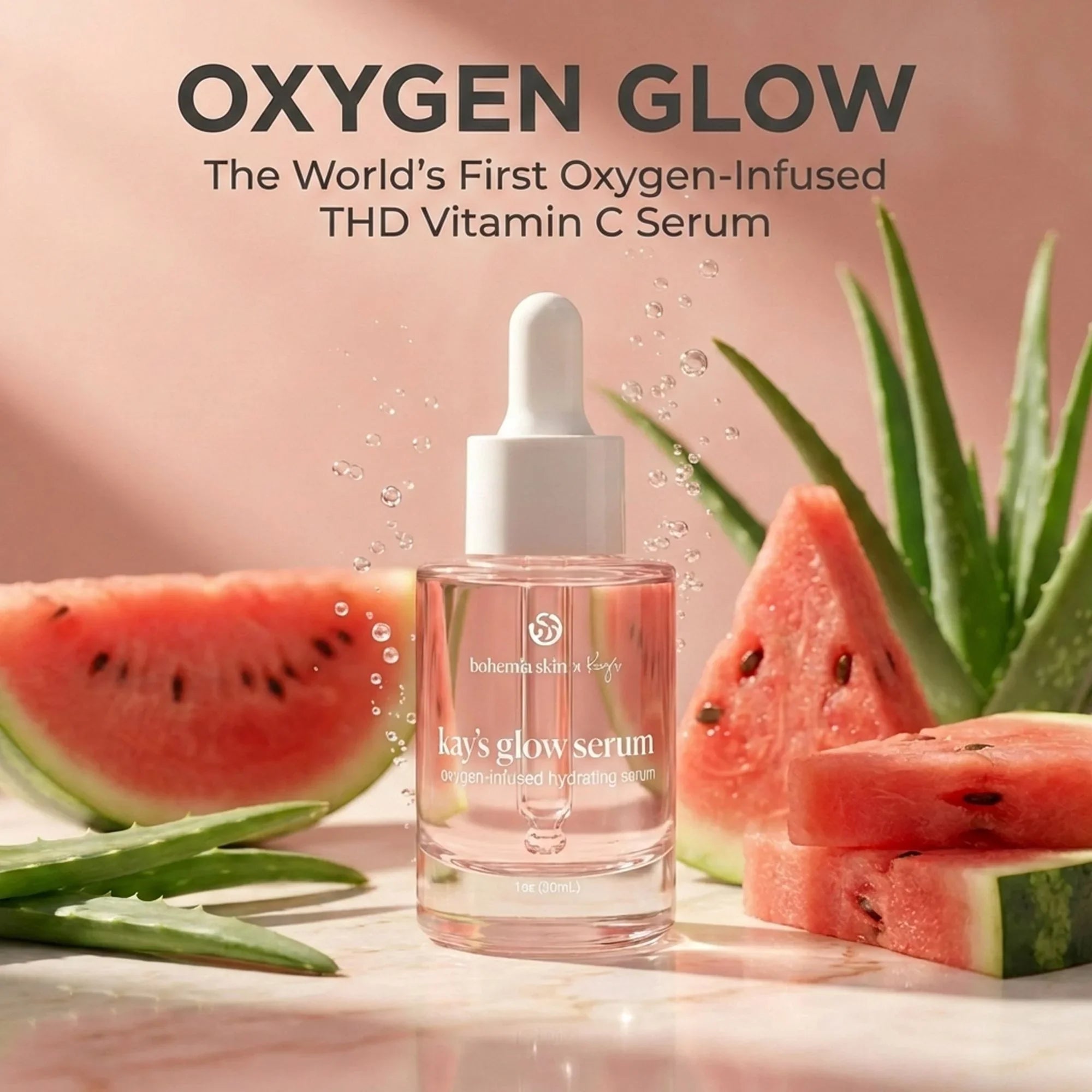 Bohemia Skin Kay’s Glow Serum oxygen-infused Vitamin C skincare with aloe and watermelon