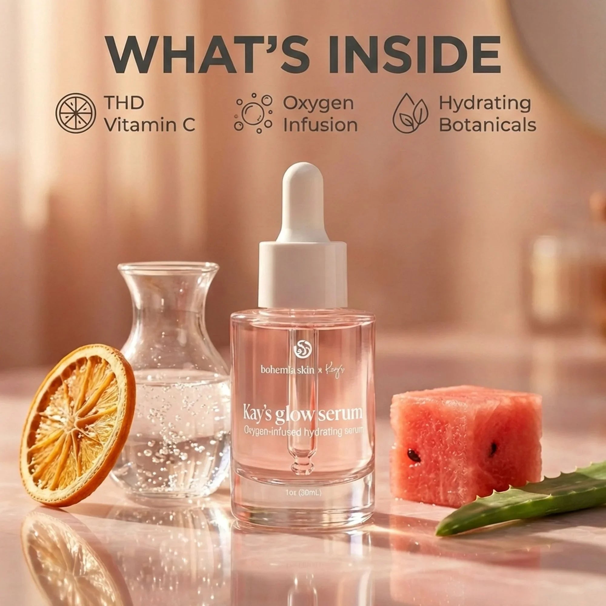 Bohemia Skin Kay's Glow Serum with THD Vitamin C, oxygen infusion, hydrating botanicals, glass dropper bottle, and natural fruit ingredients on a pink surface.