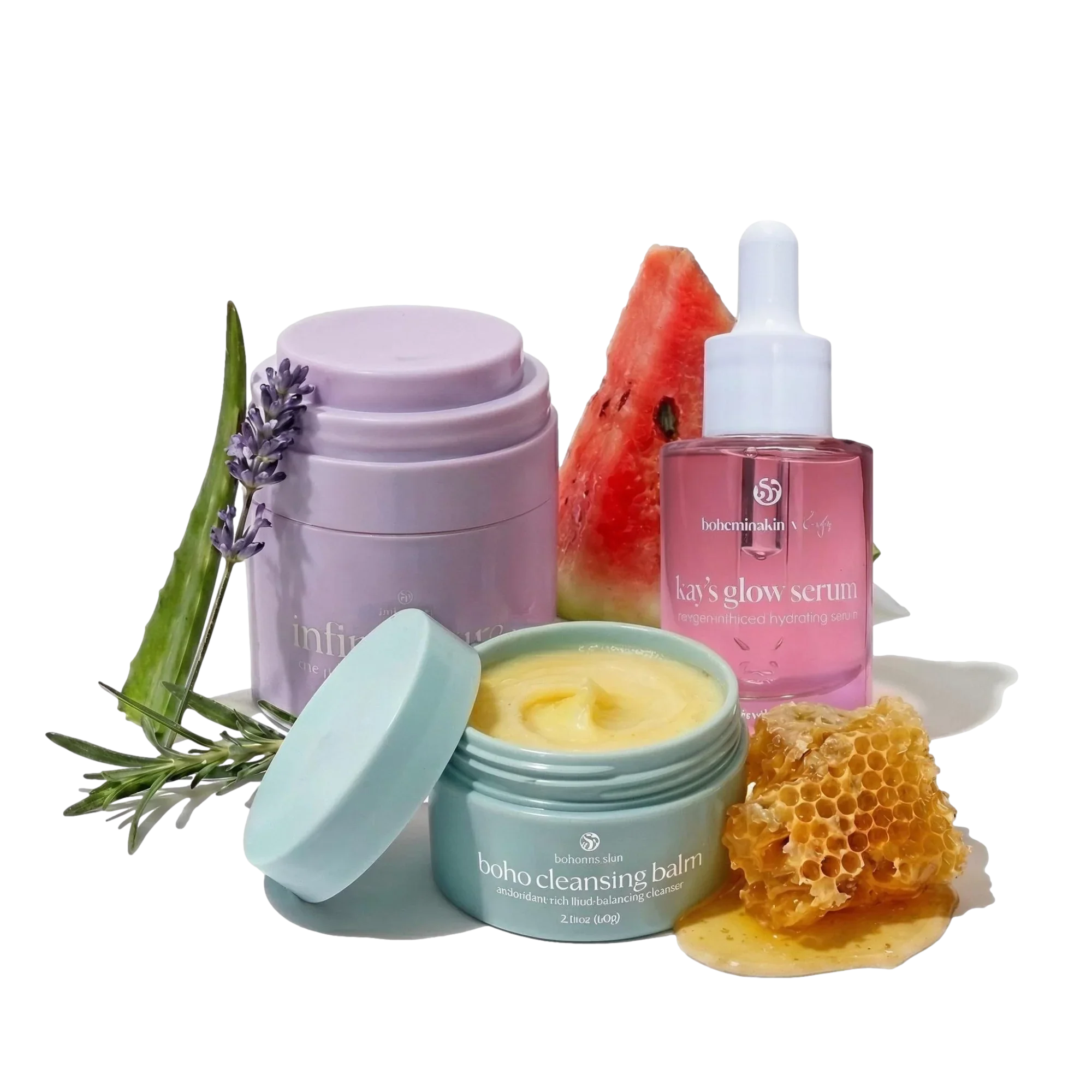 Bohemia Skin clean skincare products with honeycomb, aloe, lavender, and watermelon slice.