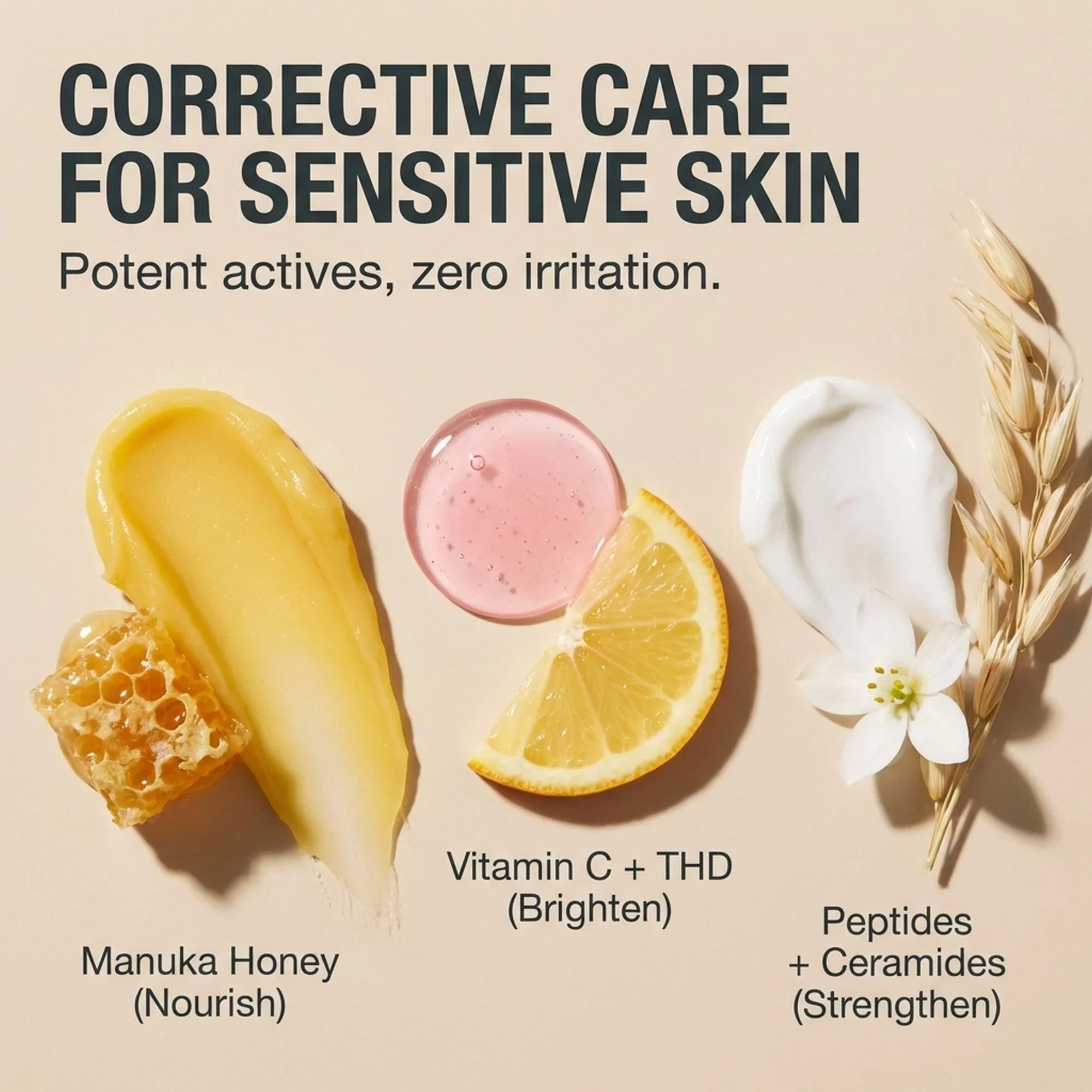 Bohemia Skin skincare ingredients: manuka honey, vitamin C with lemon, peptides, and ceramides shown on a beige background with text emphasizing corrective care for sensitive skin.