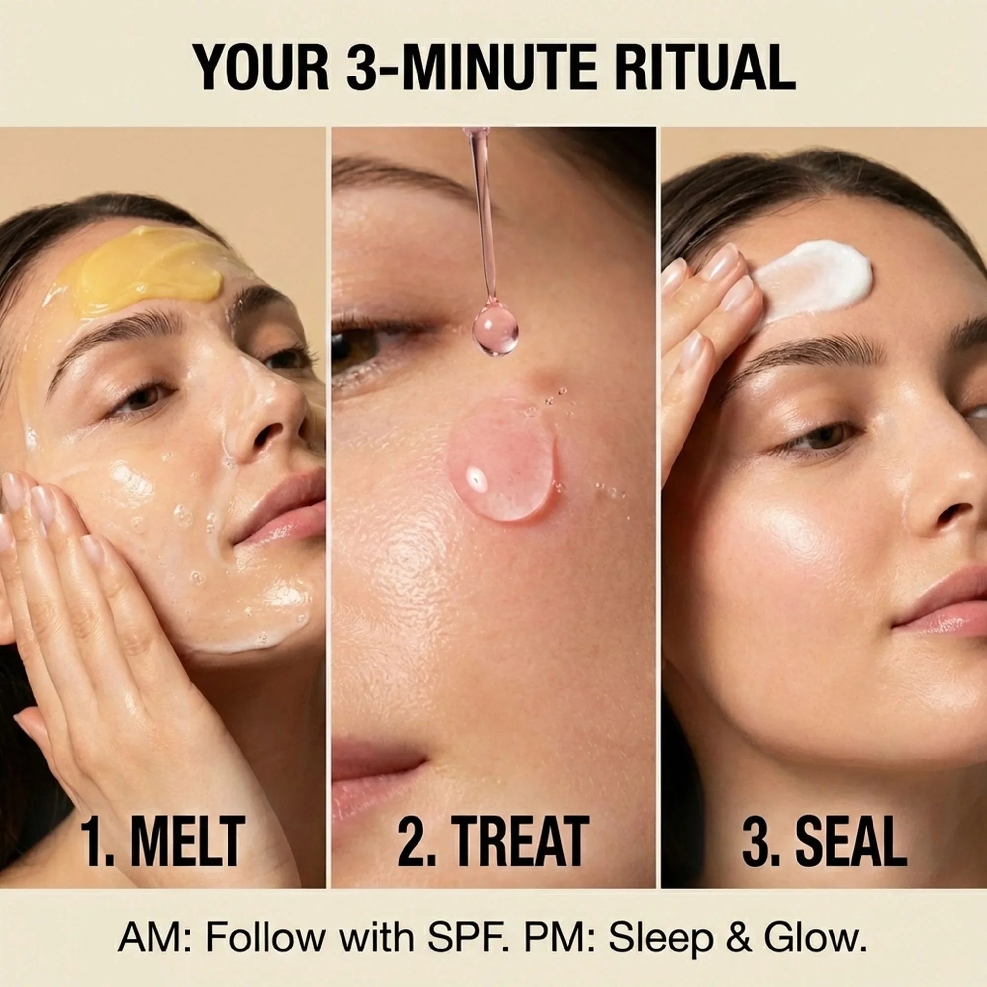 Bohemia Skin 3-minute skincare ritual steps: melt, treat, and seal on model's face.