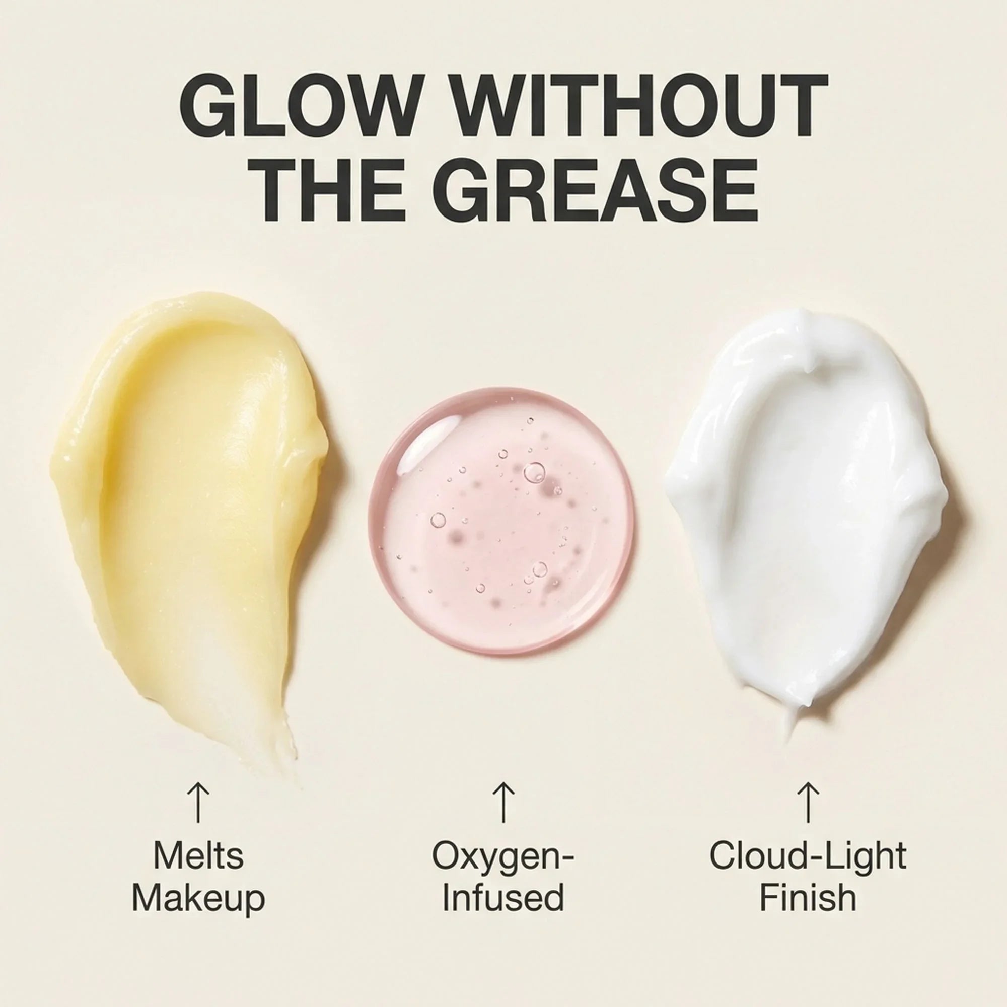 Bohemia Skin product textures showing makeup-melting balm, oxygen-infused serum, and light cream, with 'Glow Without The Grease' tagline.