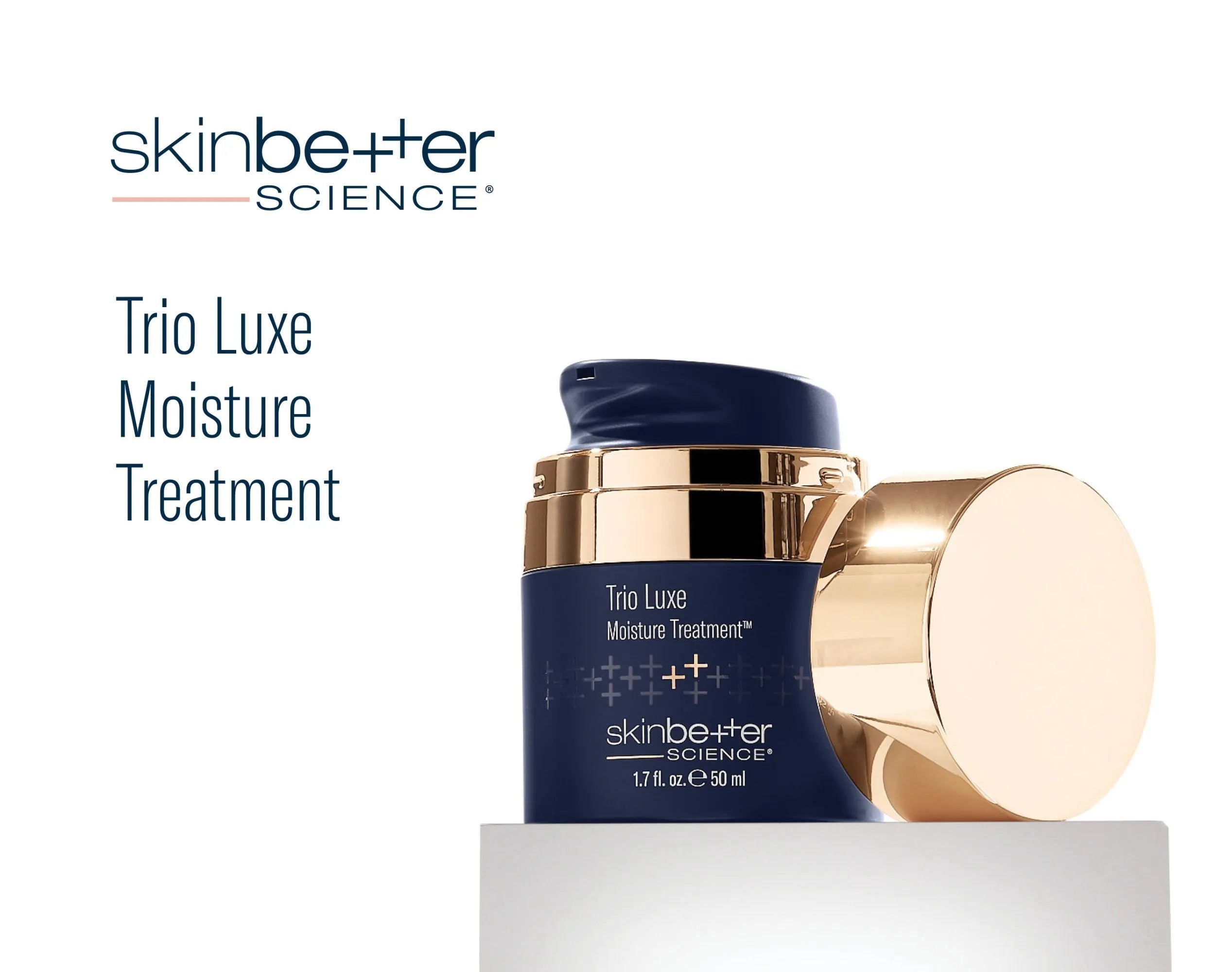 SkinBetter Science Trio Luxe Moisture Treatment navy and gold bottle on white background