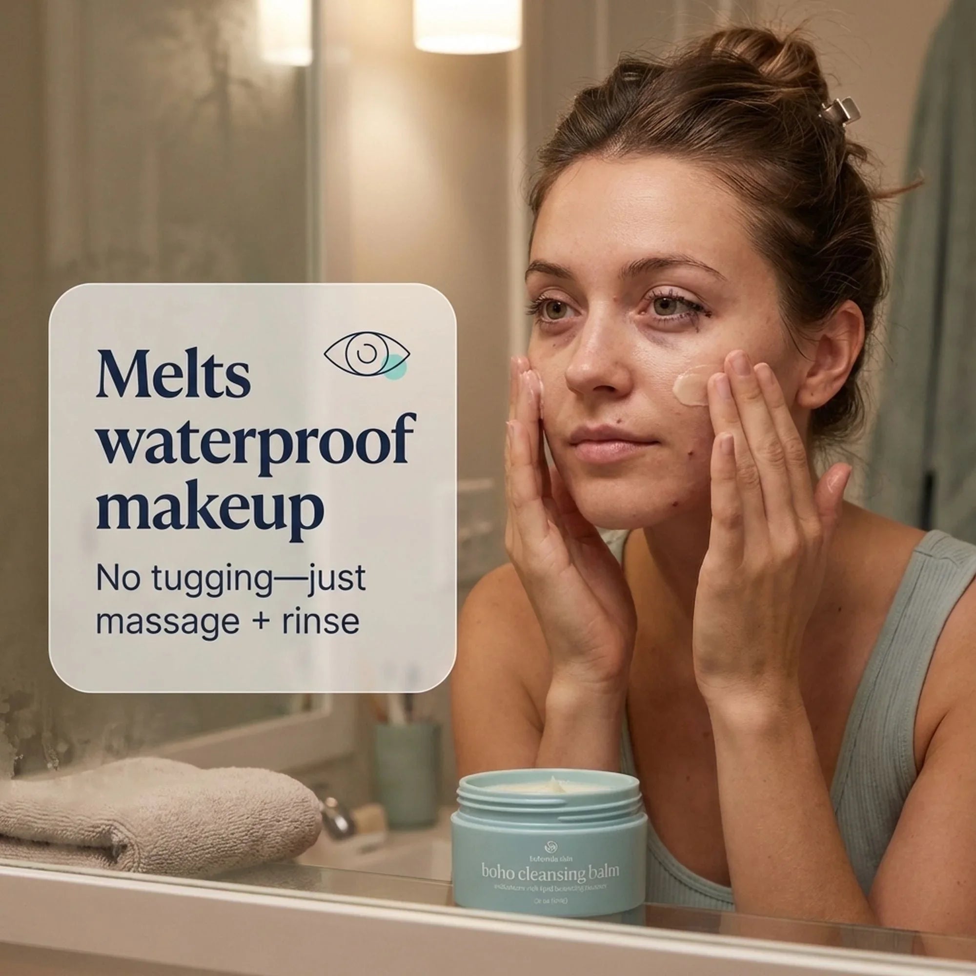 Woman using Bohemia Skin boho cleansing balm to remove makeup in bathroom mirror.