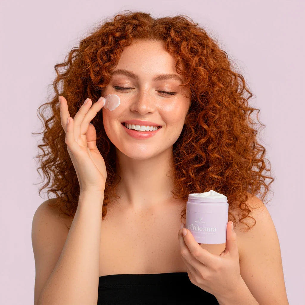 Smiling woman with curly hair applies Bohemia Skin face cream, promoting holistic skincare.