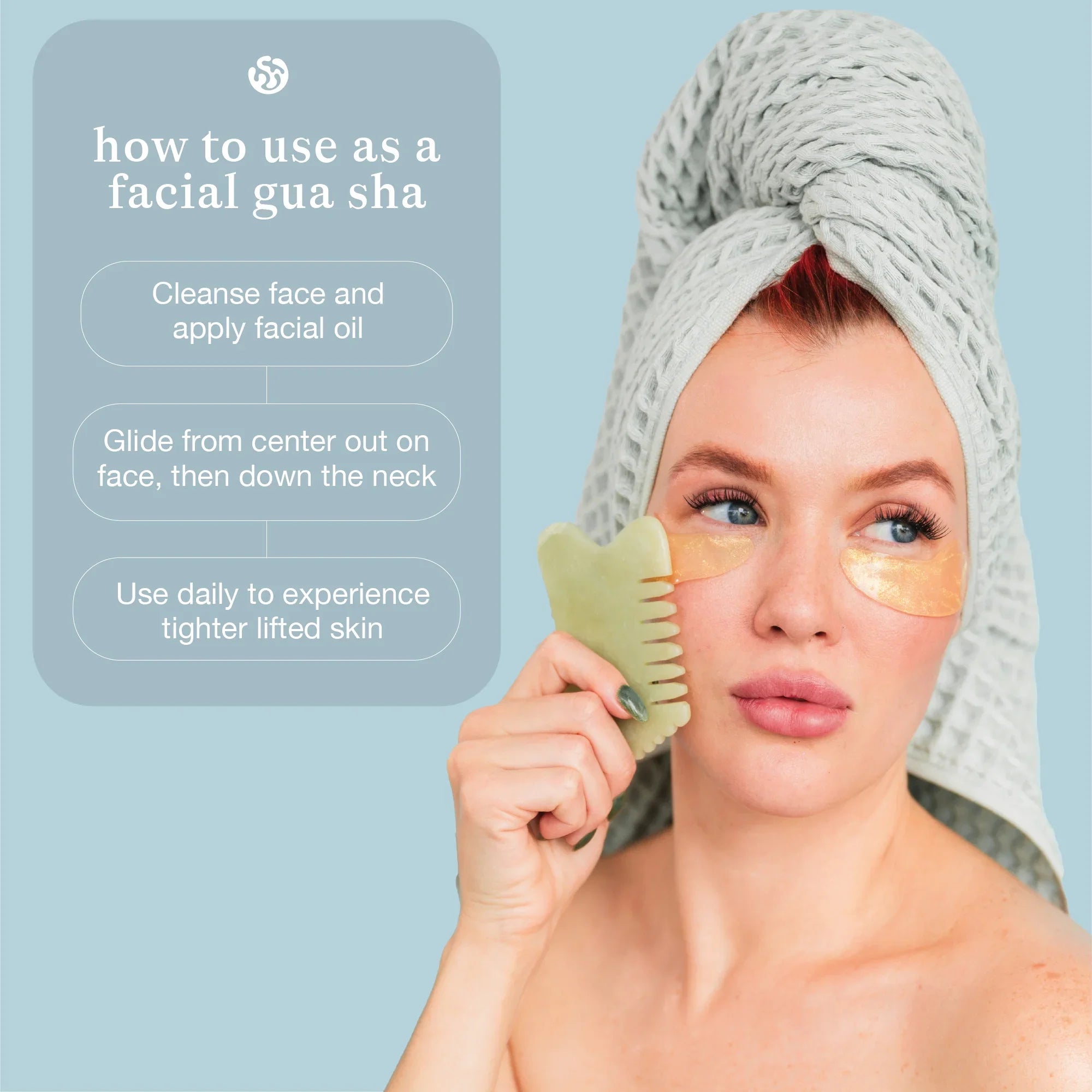 Woman using facial gua sha with under eye patches, towel on head, Bohemia Skin skincare tips