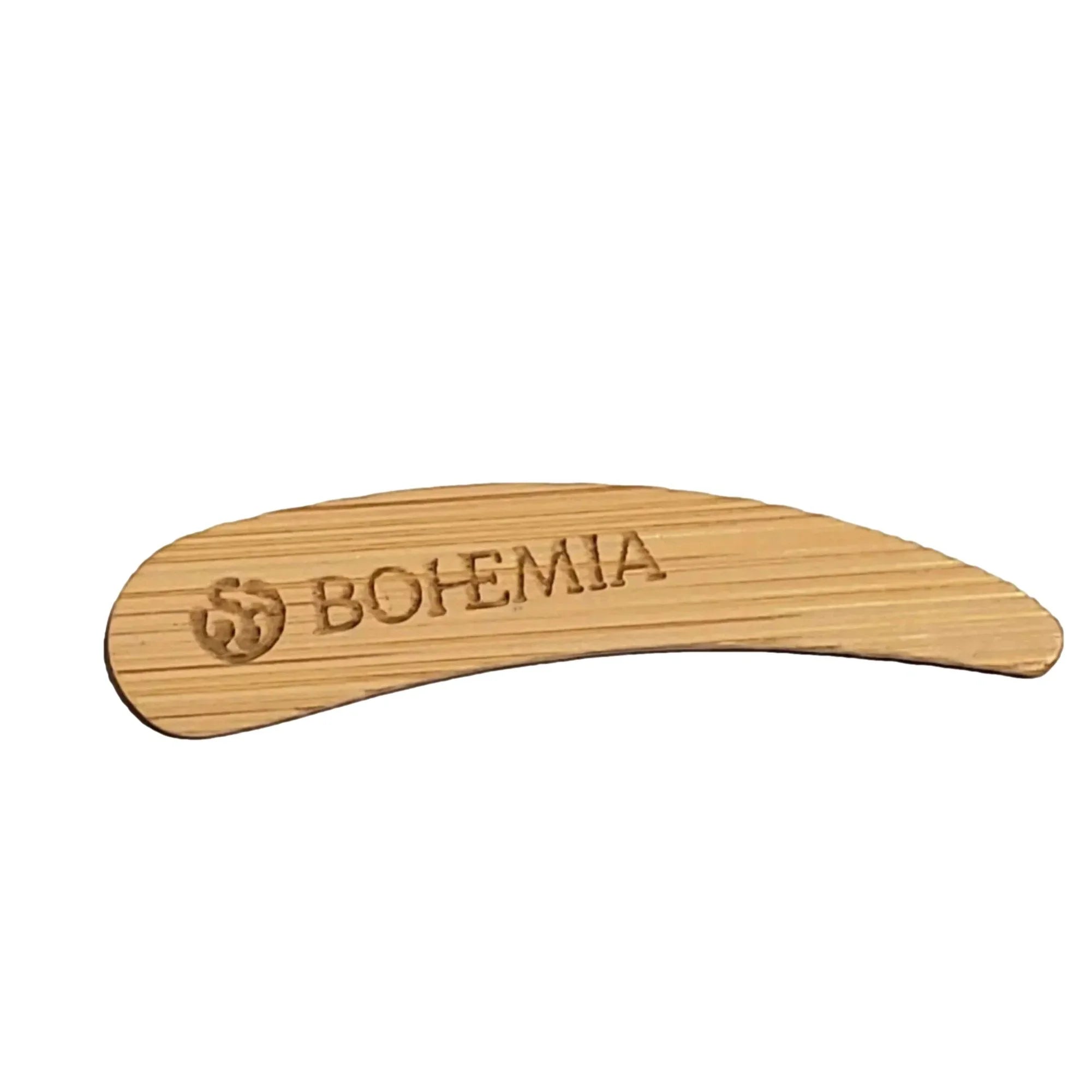 Bohemia Skin bamboo spatula with engraved logo on white background