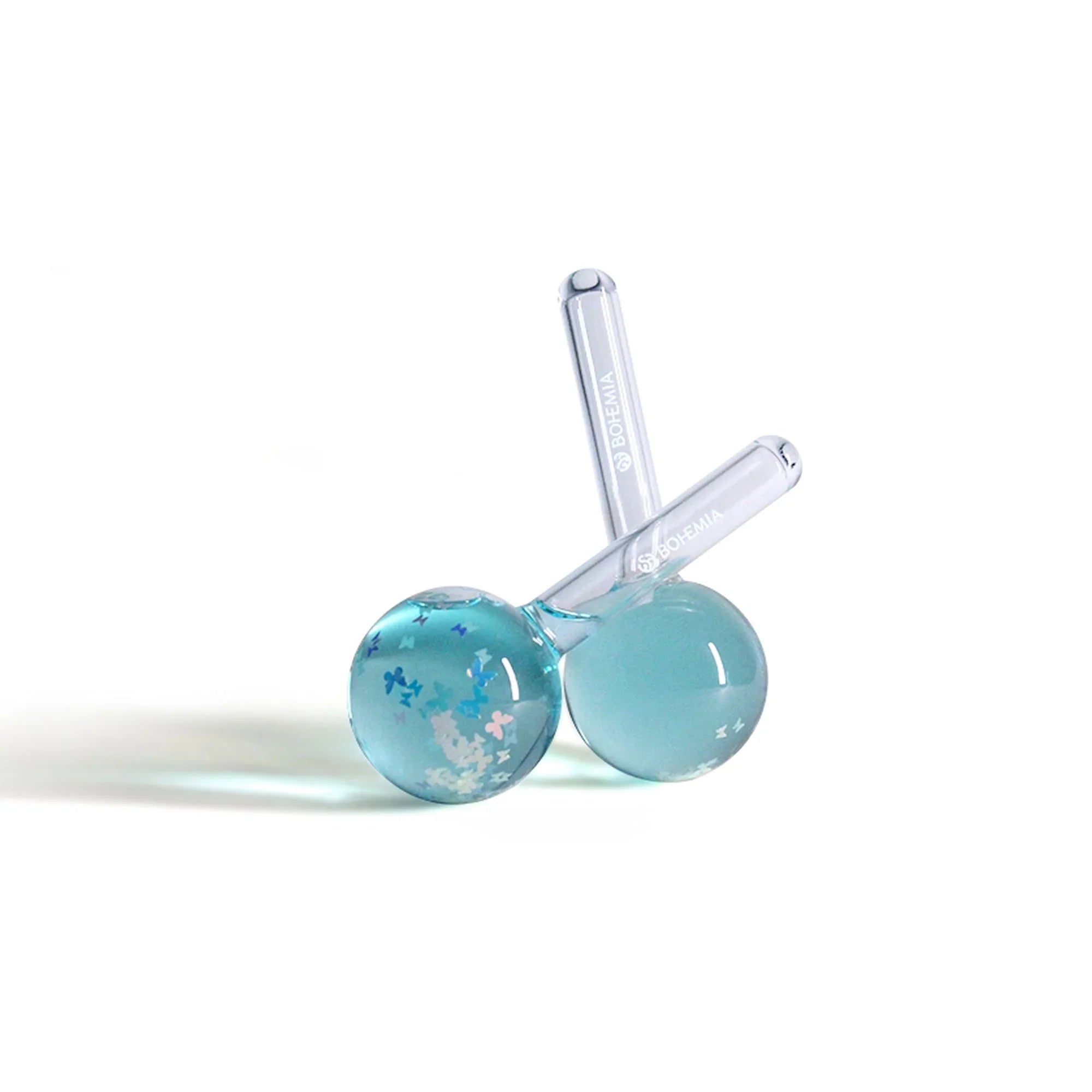 Bohemia Skin blue cryo ice globes for facial massage, clear handles, butterfly accents