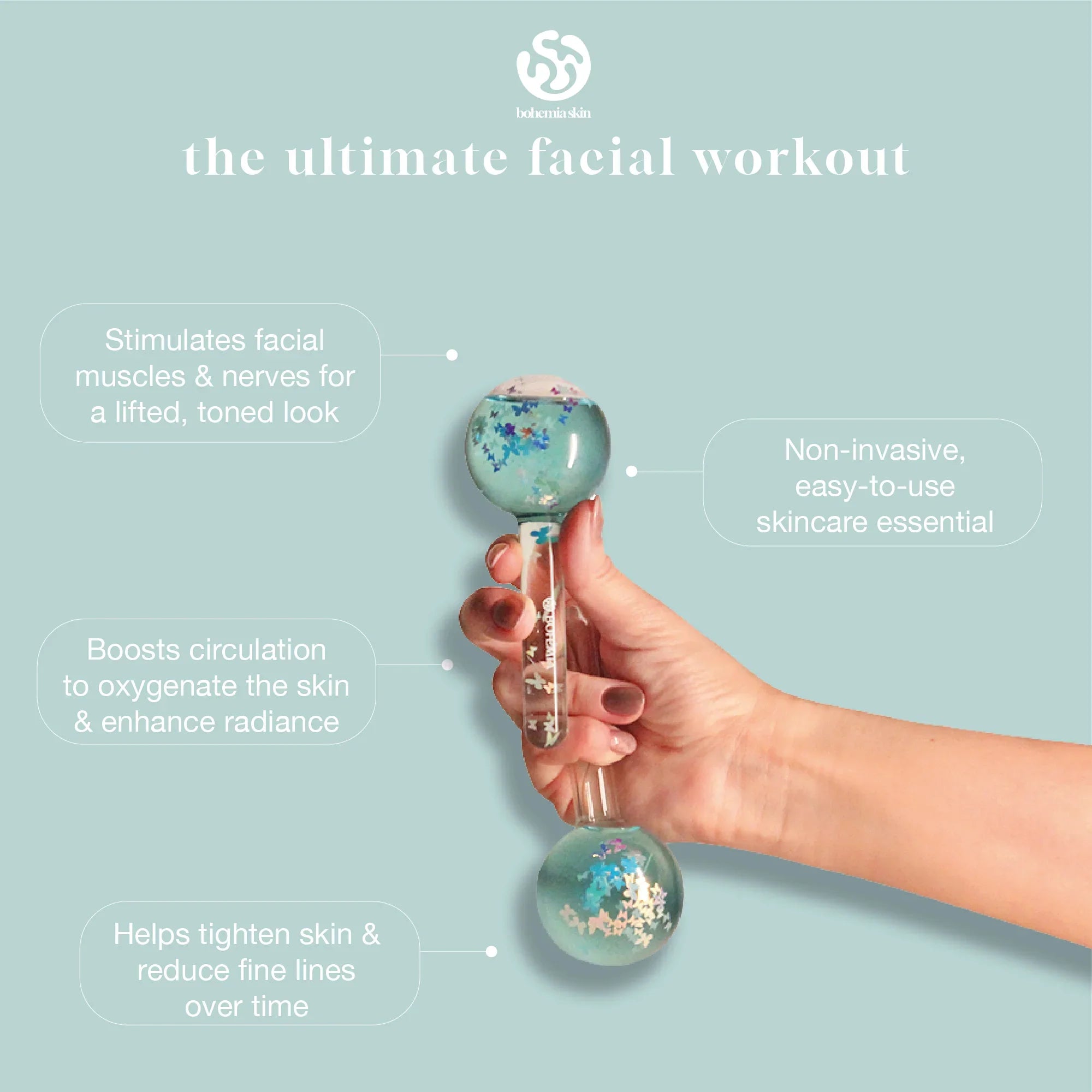 Hand holding Bohemia Skin facial massage globe on light blue background, skincare benefits shown.