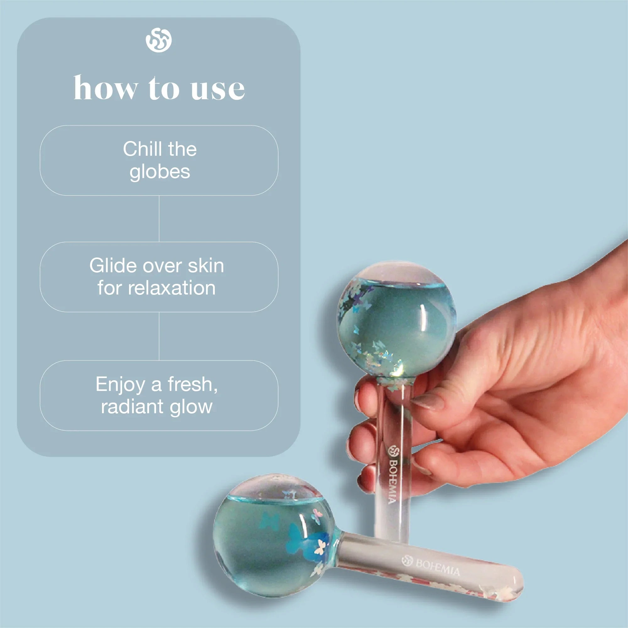 Bohemia Skin glass facial globes in hand with usage steps for glowing, radiant skin care.