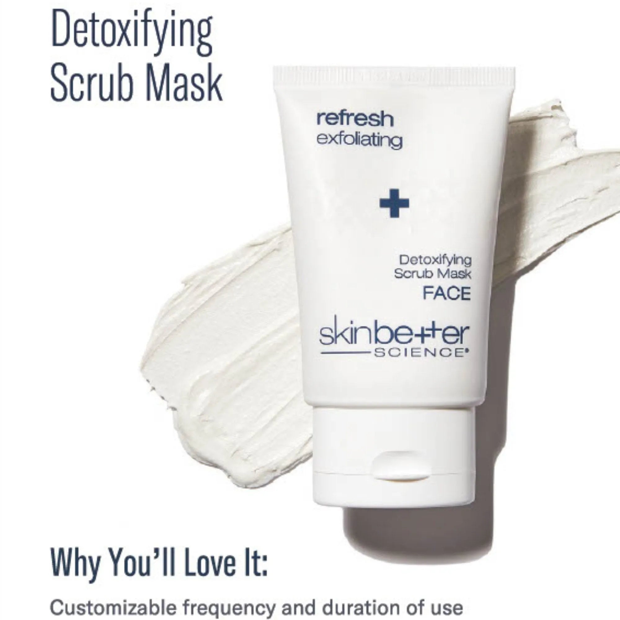 SkinBetter Science Detoxifying Scrub Mask for face, exfoliating cream tube on a textured smear.