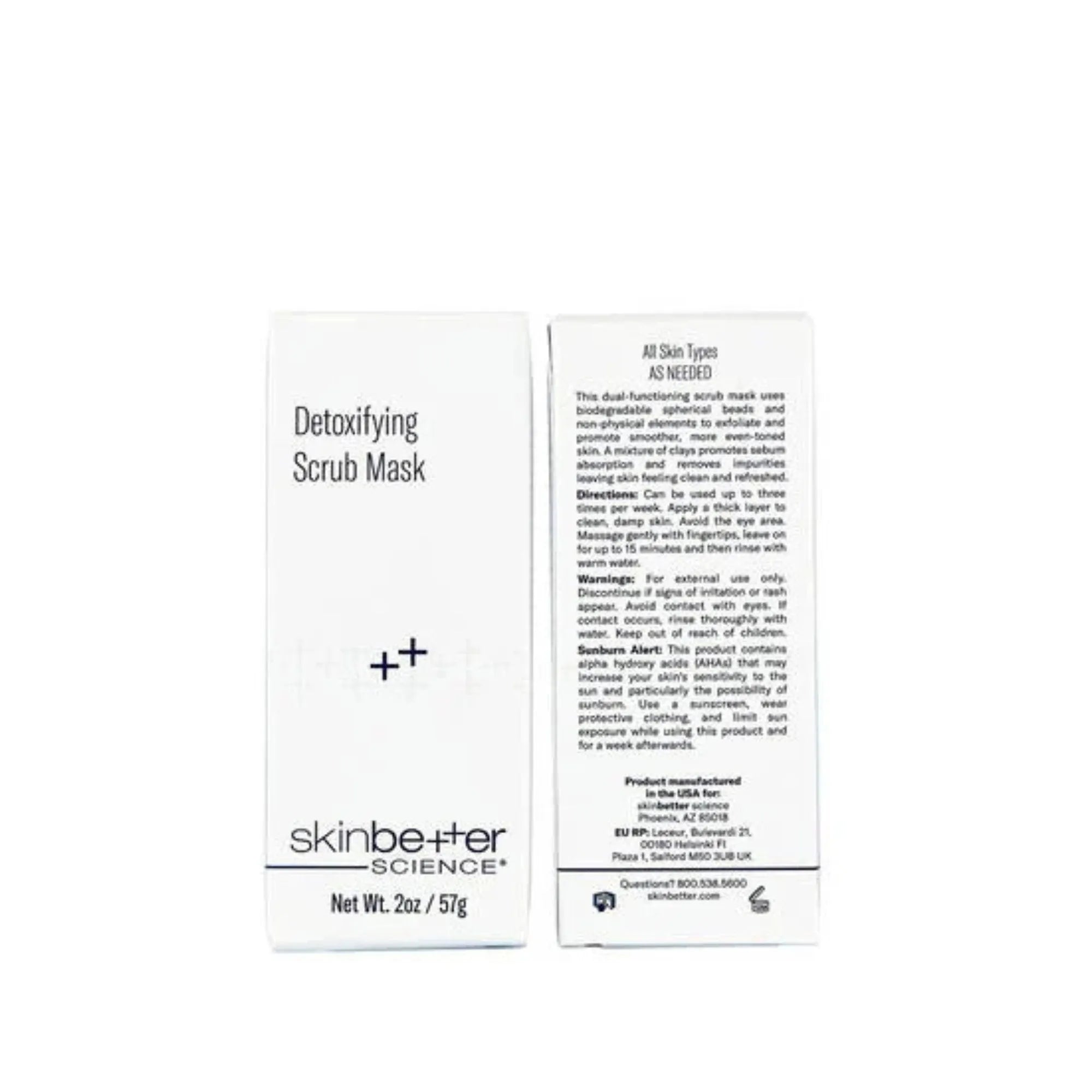 SkinBetter Science Detoxifying Scrub Mask box with product directions and details visible.