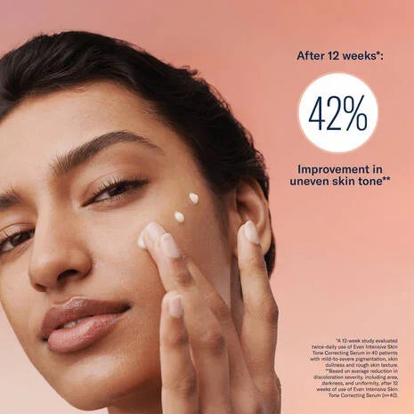 Woman applying Bohemia Skin serum to face, showing 42% improvement in uneven skin tone after 12 weeks