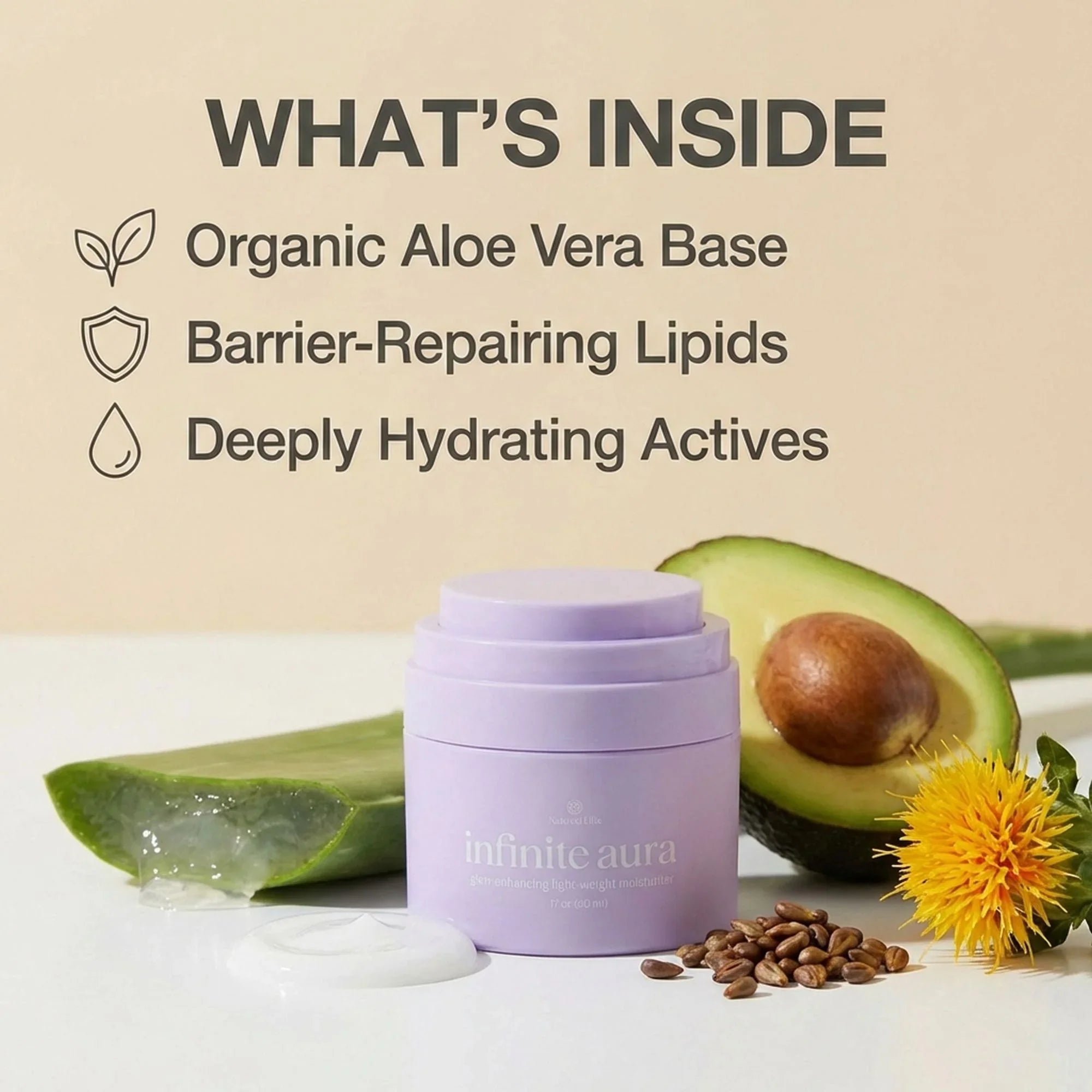 Bohemia Skin infinite aura moisturizer with aloe vera, avocado, seeds, and flower, highlighting natural ingredients.