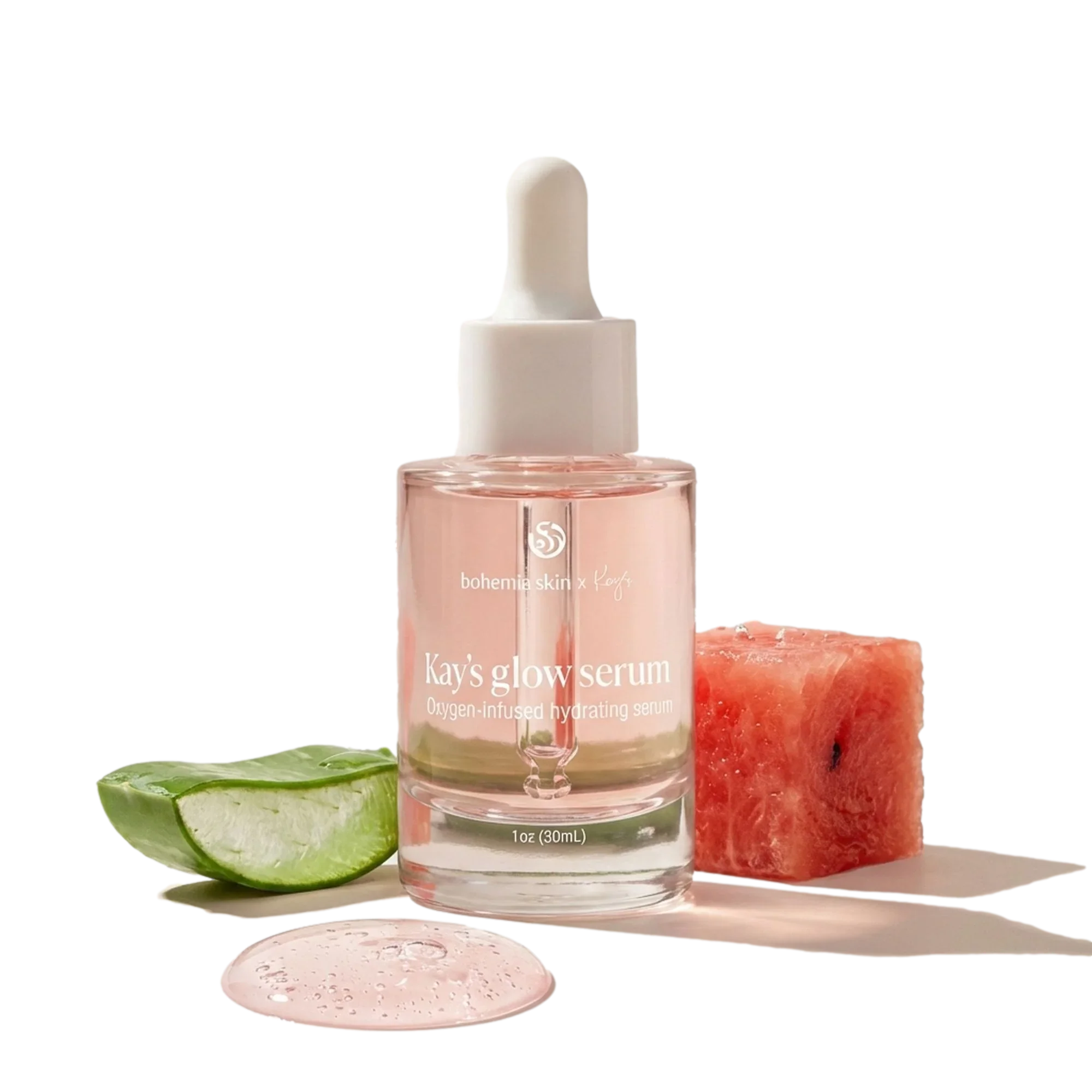Bohemia Skin Kay’s glow serum bottle with aloe, watermelon, and serum on display