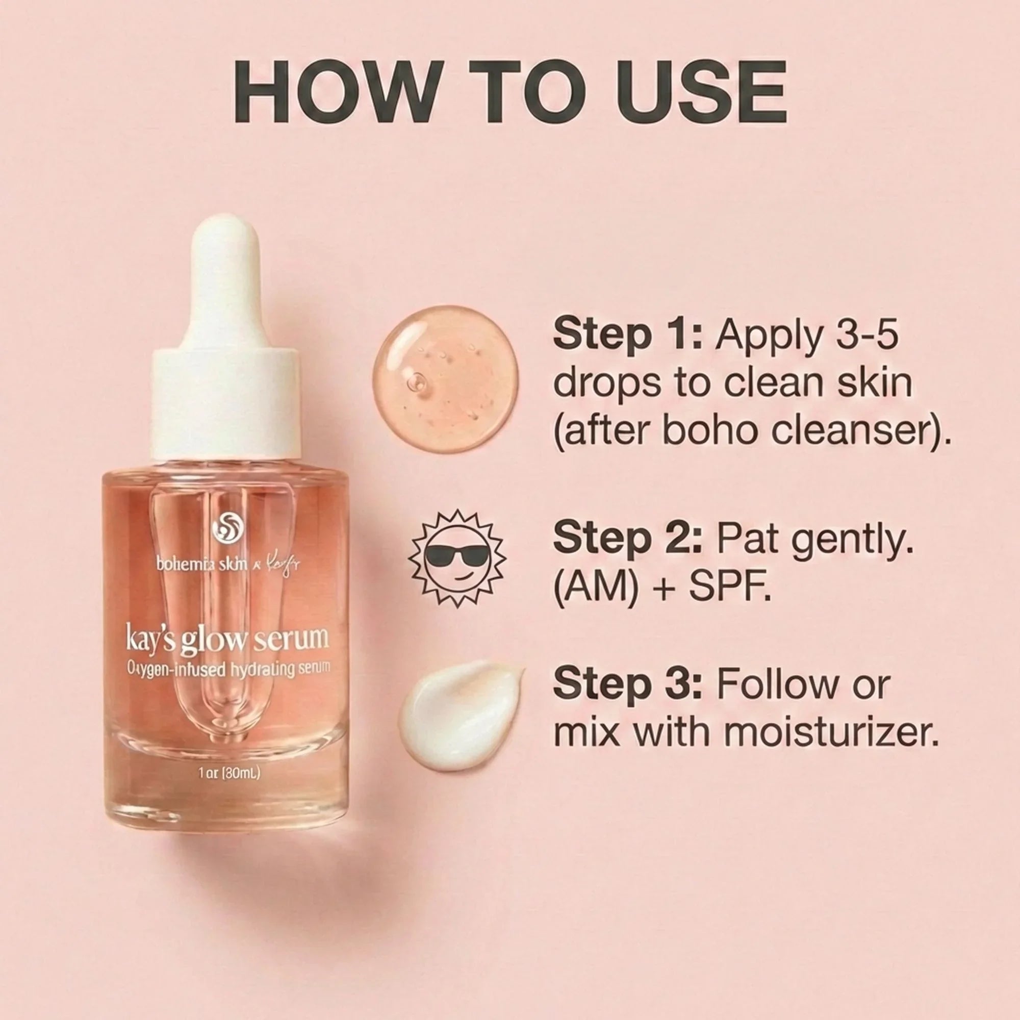 Bohemia Skin kay’s glow serum bottle with step-by-step usage instructions on pink background.