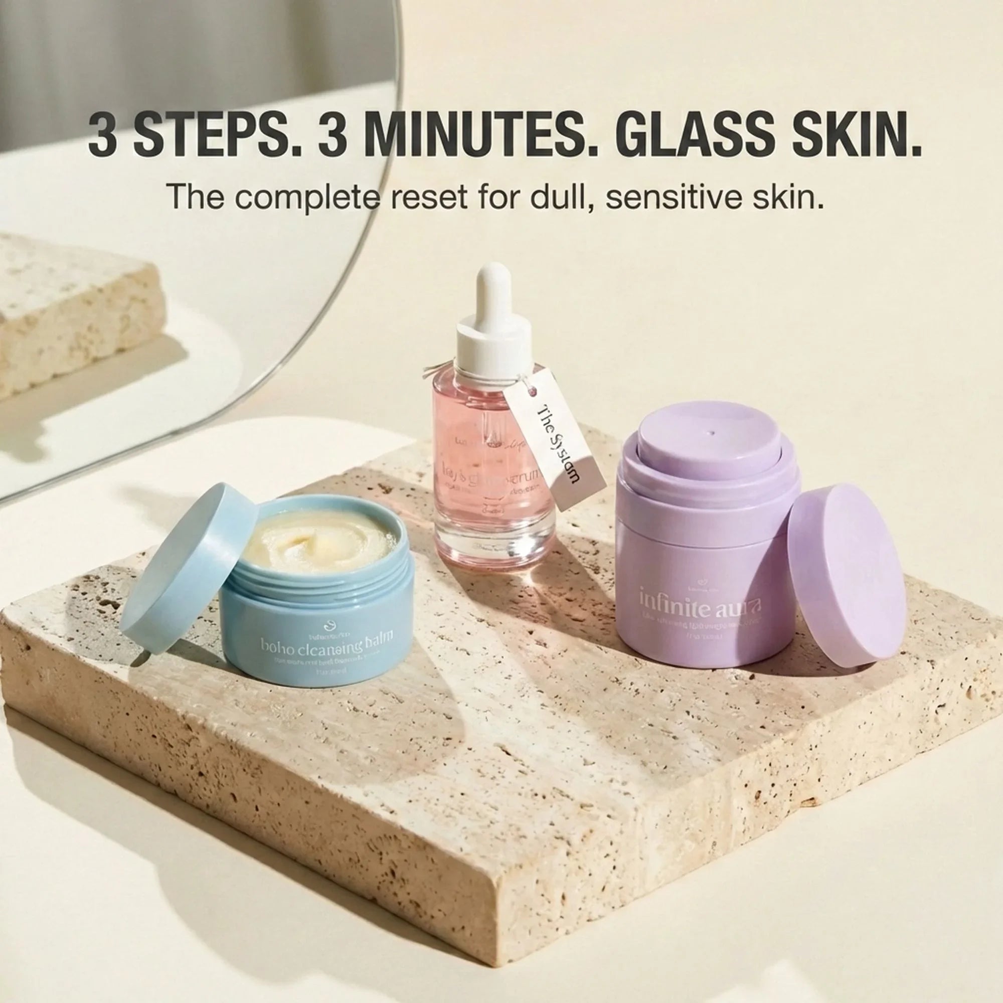 Bohemia Skin skincare products with cleansing balm, serum, and stick on stone slab, clean beauty