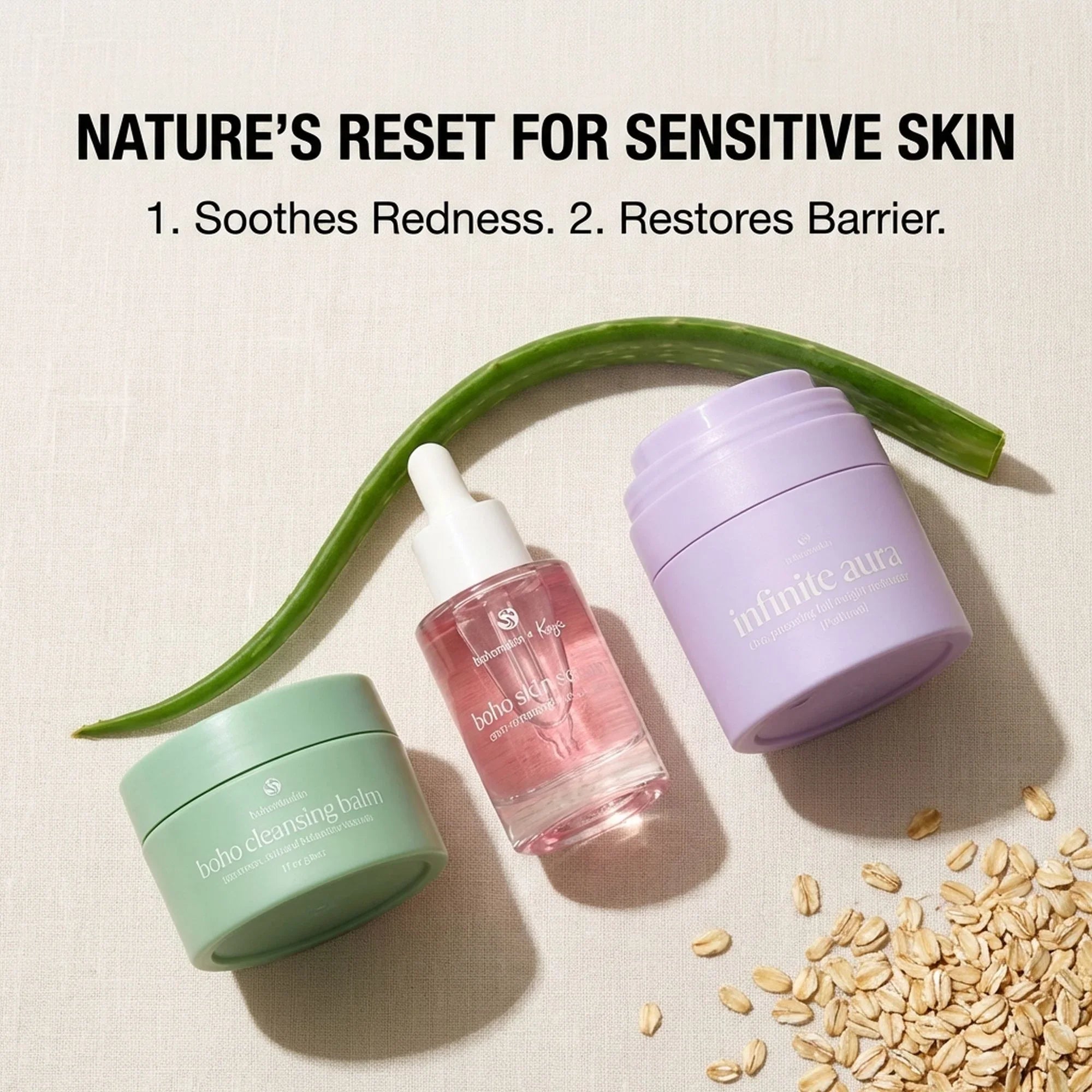 Bohemia Skin trio with cleansing balm, serum, and moisturizer, shown with aloe and oats.