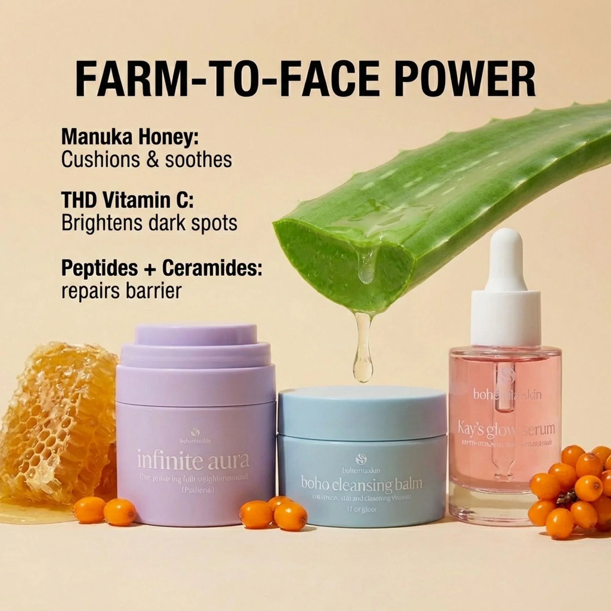 Bohemia Skin skincare products with honeycomb, aloe, and berries, highlighting natural ingredients.