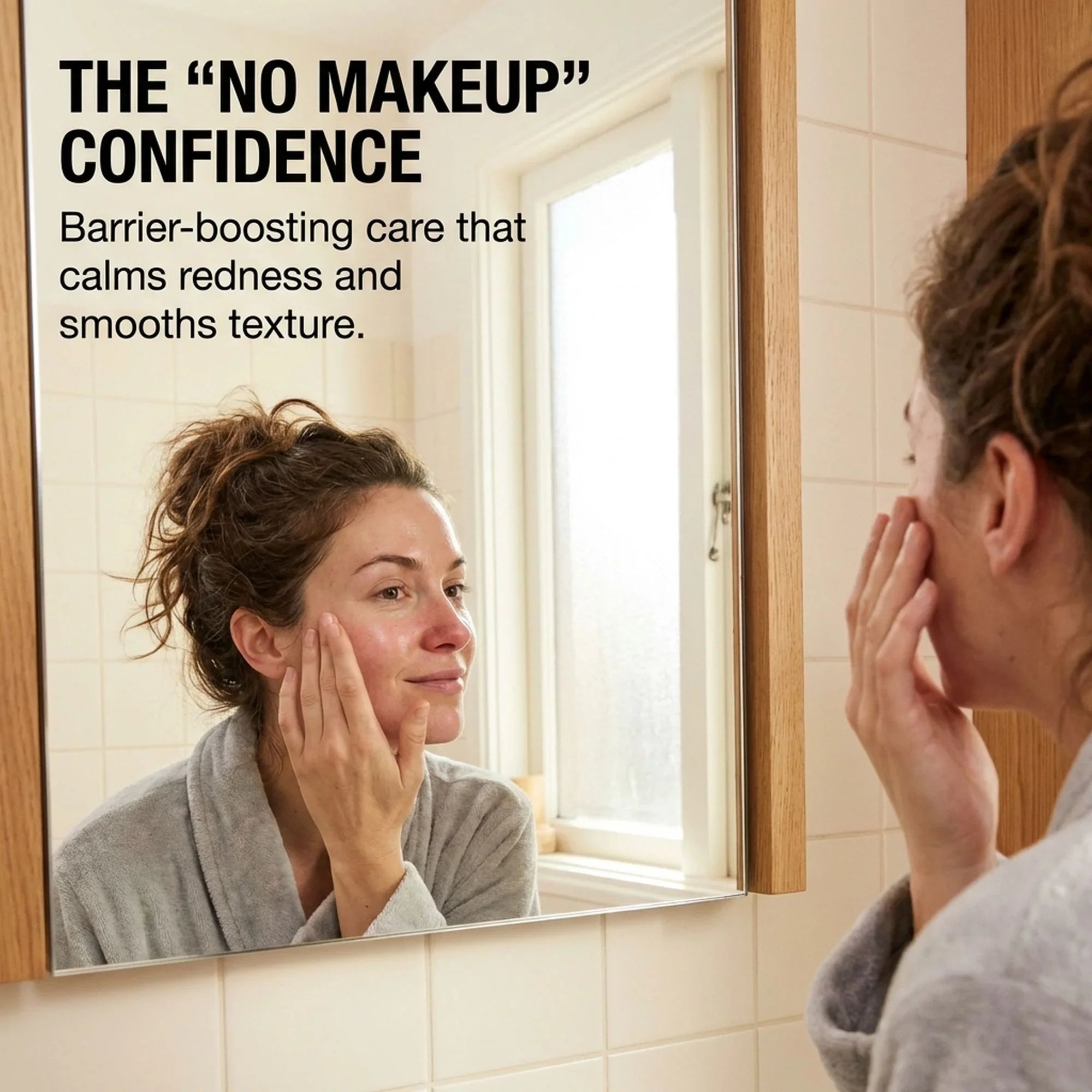 Woman applying skincare in bathroom mirror, promoting Bohemia Skin clean holistic products