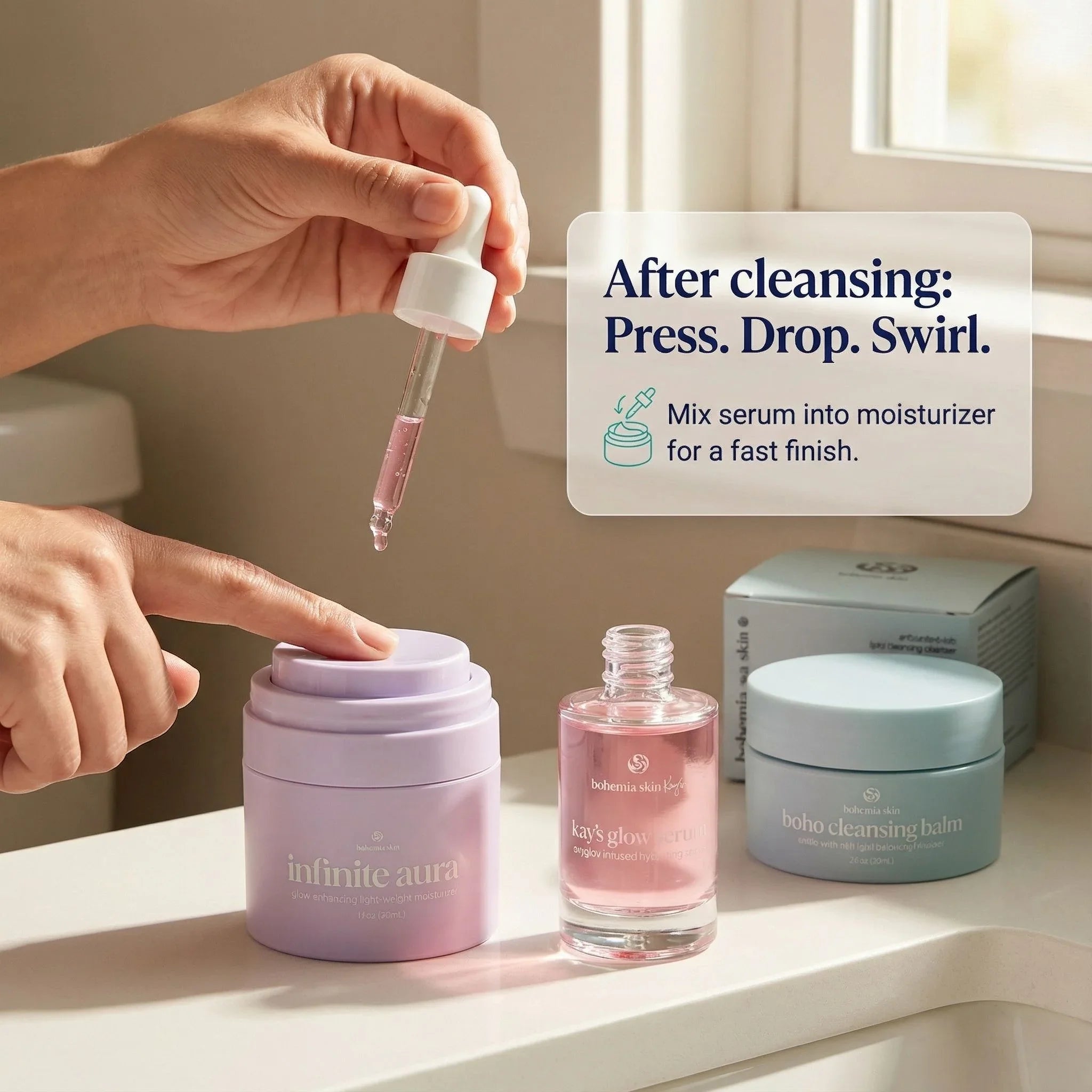 Bohemia Skin skincare routine with serum, moisturizer, and cleansing balm on bathroom counter.